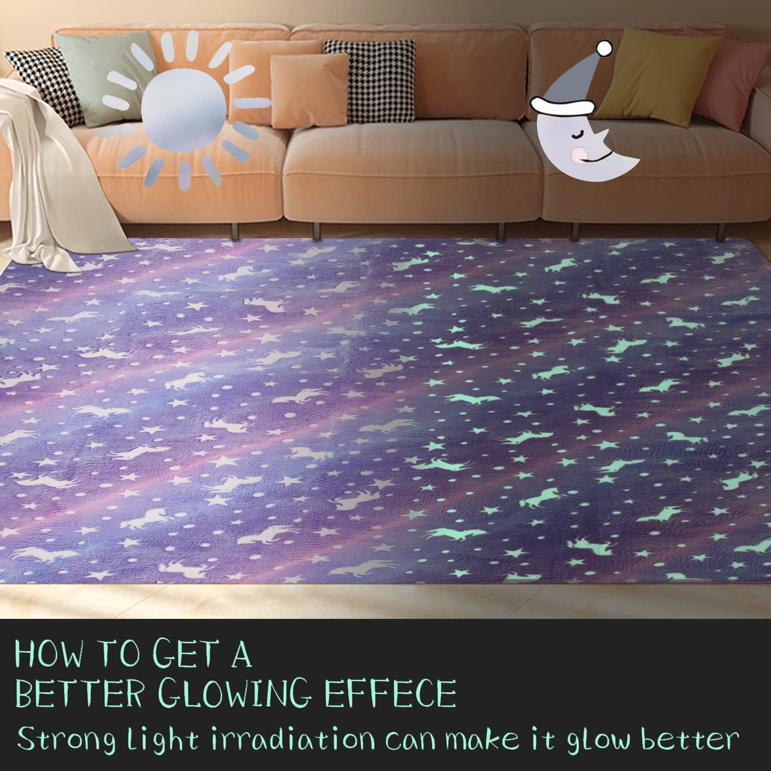 QH Purple Seamless Unicorn Pattern Glow in The Dark Area Rug Area Rug for Living Room Bedroom Kids Room Size 5'x6'