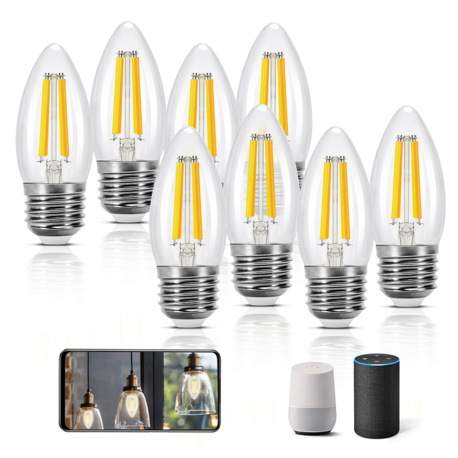 Aigostar Edison Bombillas Alexa LED E27 Bombillas Inteligentes 4.5W 470LM WIFI Bombilla Vintage C35 Bombillas Filamento Regulable 2700K-6500K, compatible con Alexa/Google Home. transparente 8 pack