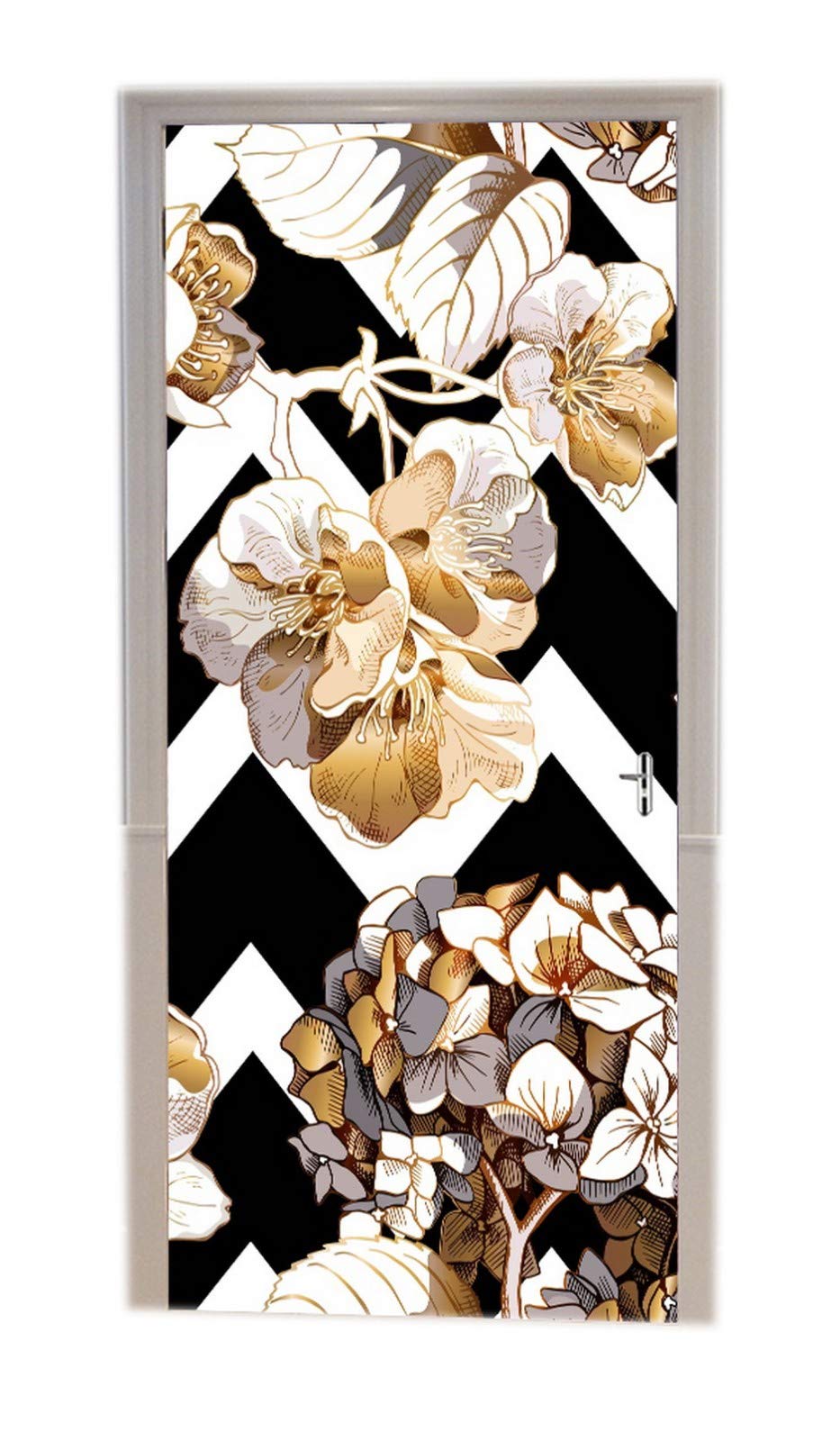 A.Monamour 3D Door Stickers for Interior Doors Gold Hydrangea Flowers and Leaves Geometric Background Vinyl Waterproof Self Adhesive Door Mural Decals for Bedroom Office Bathroom 90 x 200 cm