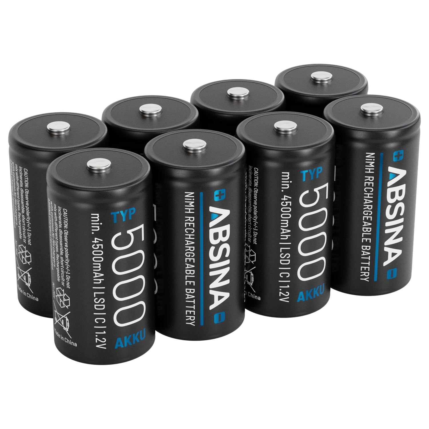 ABSINA Baterías Recargables C Baby LR14 5000 con Baja Autodescarga | Paquete de 8 - Pilas C NiMH con 1,2V y al menos 4500mAh - Pila Recargable Baby C, batería tipo C, type C