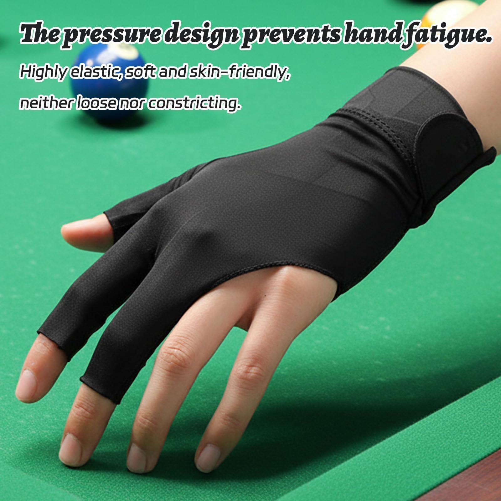 Guante de Billar Profesional de 3 Dedos, Transpirable y Ajustable para Hombres y Mujeres - Guante Sin Dedos para Pool, Unisex (Talla Única, Negro) — view 4