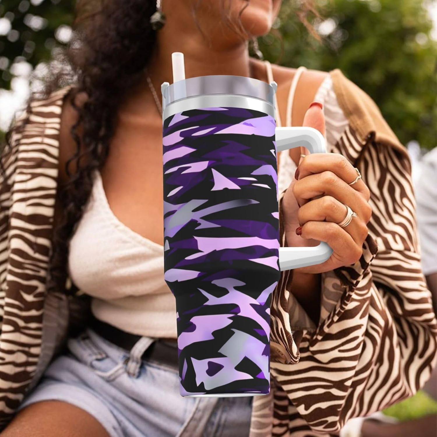 40 OZ American Camouflage Purple Print Ice Bully Cup with Handle Straw Lid Straw,Stainless Steel Tumbler Coffee Cup