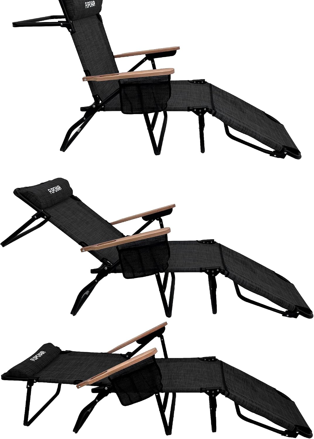 EasyGo Product FLIP Face Down Tanning Chaise Lounge Chair with Face & Arm Holes-4 Legs Support-Textilene Material-6 Position-Arm Head Rest Pillow-Beach or Home Use-PATENTS Pending, Black
