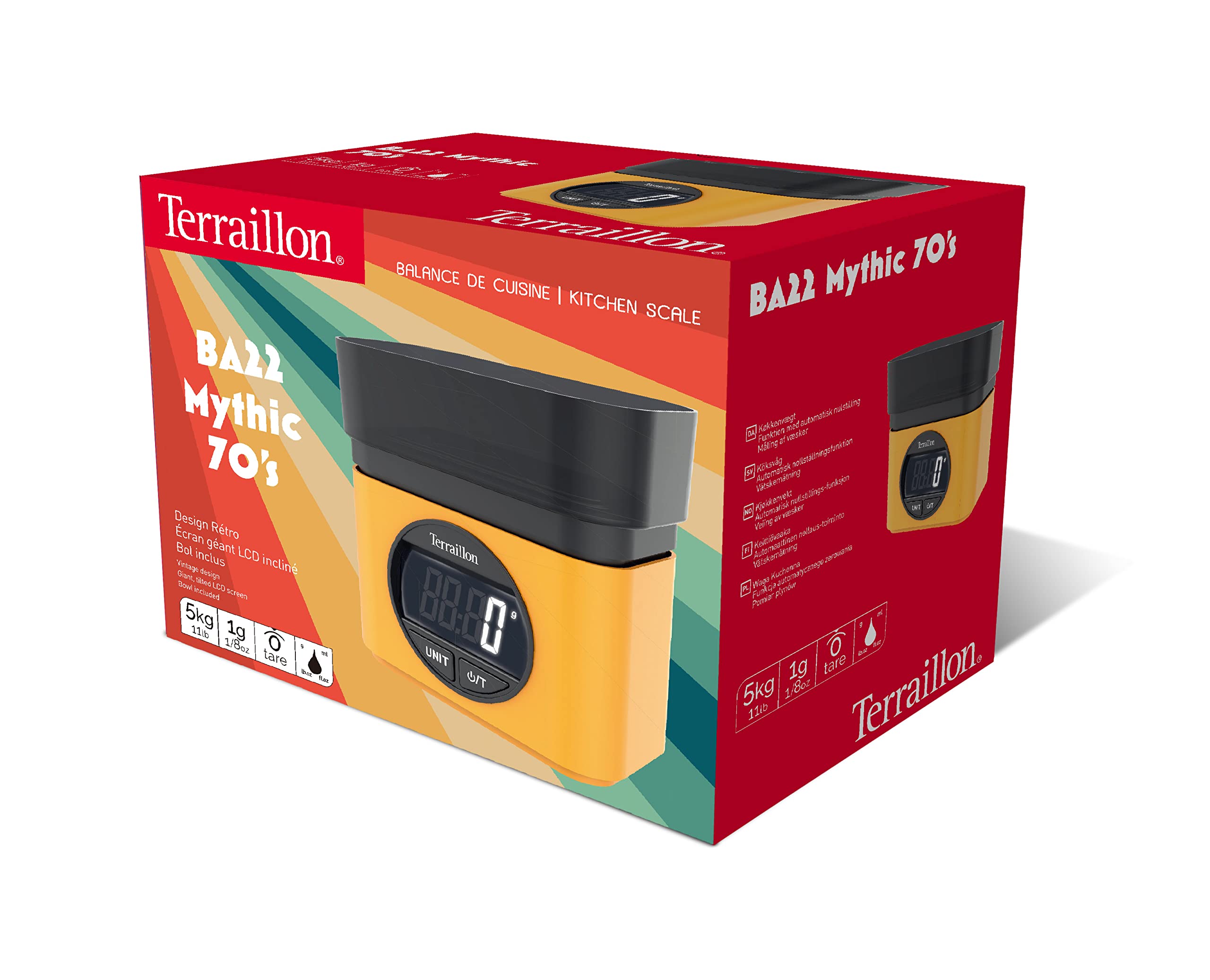 TERRAILLON - BA22 Mytique Amarillo - Báscula electrónica de cocina - Diseño icónico - Cuenco integrado 0,7L - Pantalla LCD grande - Pantalla XXL de dígitos - Función Tare