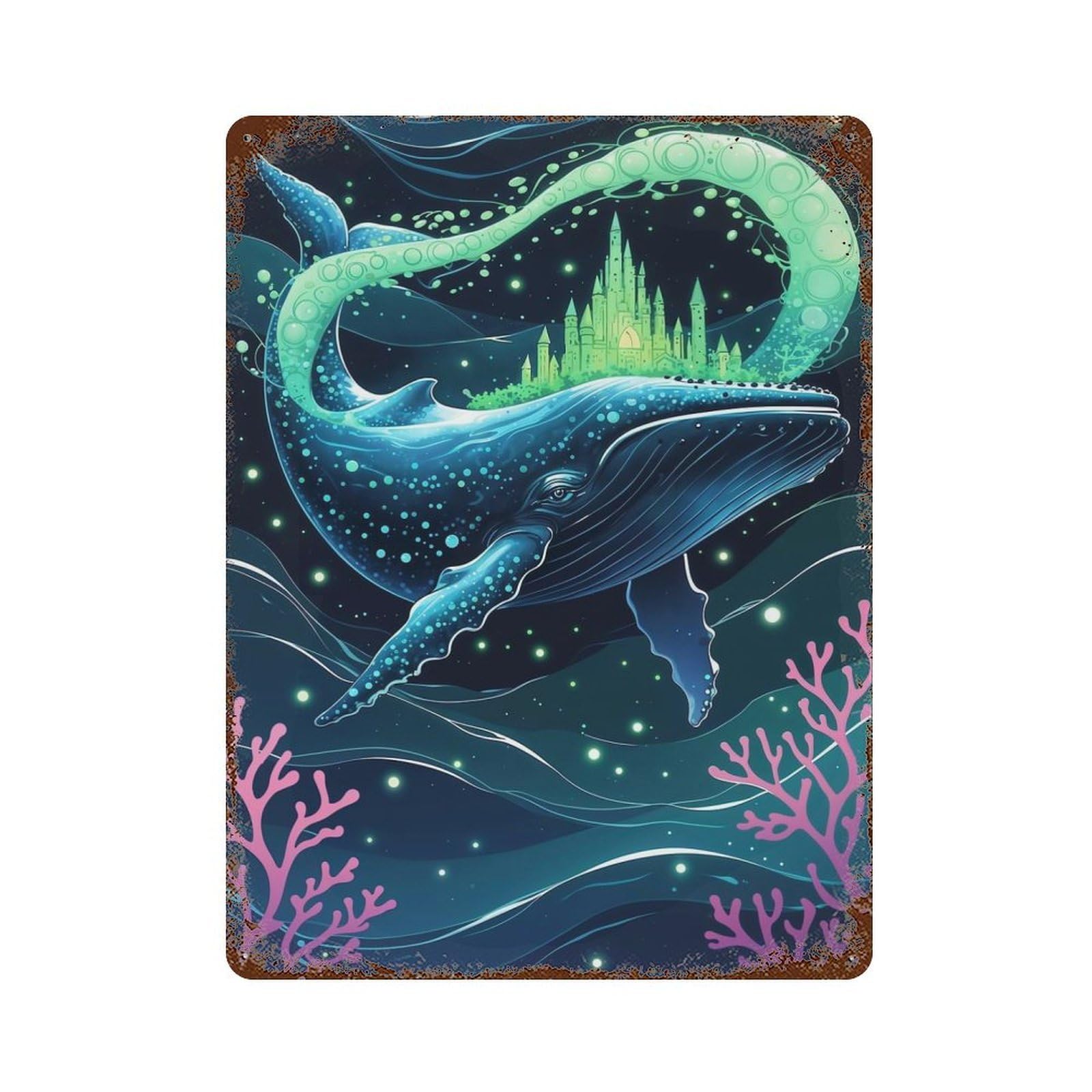 Aged Metal Wall Plaque with Whale with Castle Fantasy Art Design 15.7"x11.8", for Cafe, Home Bar And Lounge Decor, Novelty Wall Decor