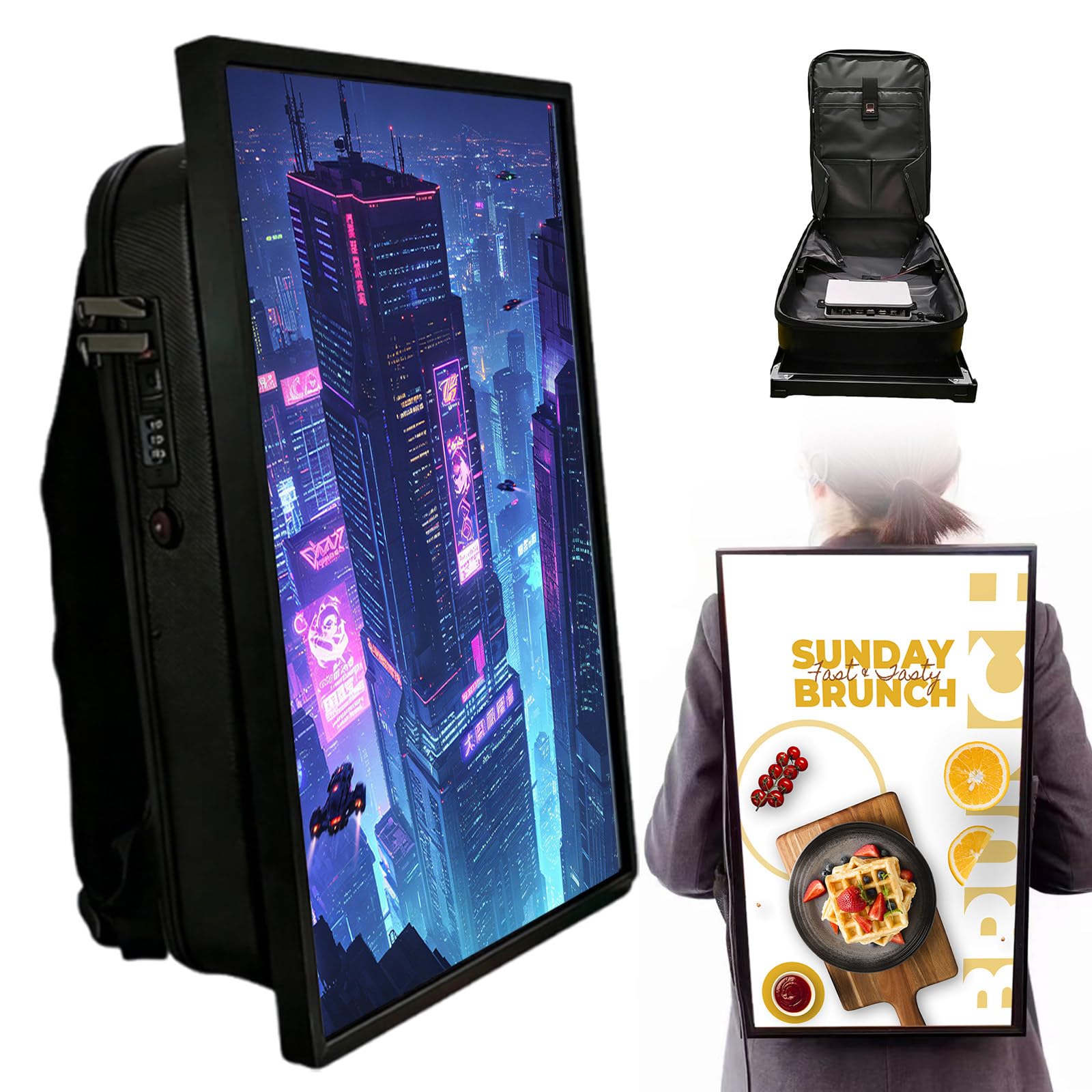 Giuggiolared LCD Video Advertising Backpack, 21.5-inch Digital Signage Backpack, 2+32g Human Walking Backpacks Digital Billboard for Auto Playback, Split Screen