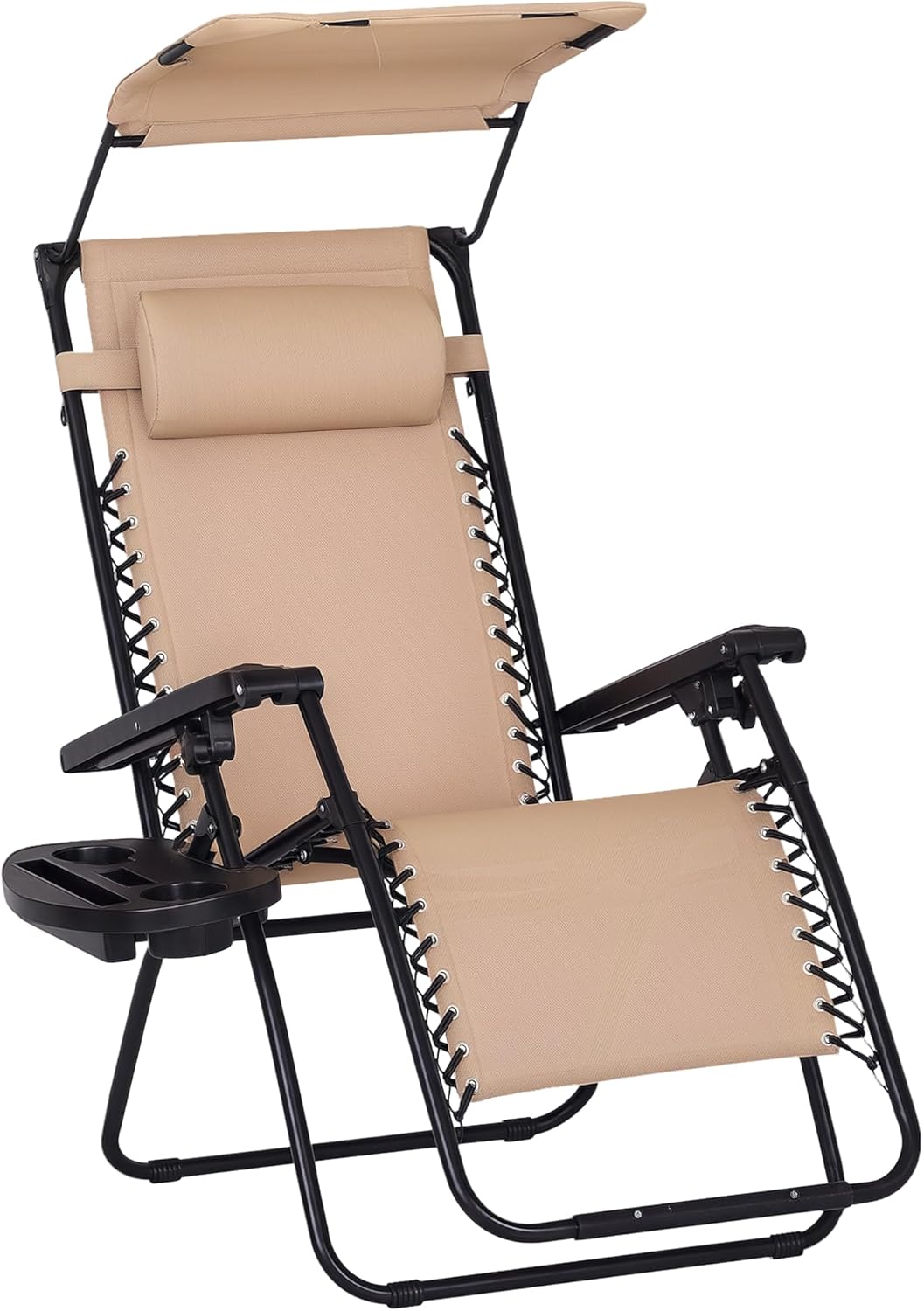Outsunny Zero Gravity Chair with Canopy Shade, Outdoor Folding Lounge Chair with Side Tray, Cup Holder, Reclining Lounger with Breathable Mesh Seat and Pillow, Beige