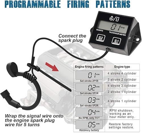 Miniatura 4 de Runleader Tacómetro digital con medidor de horas, recordatorio de mantenimiento, batería reemplazable, apagado automático, uso para cortacésped ZTR,