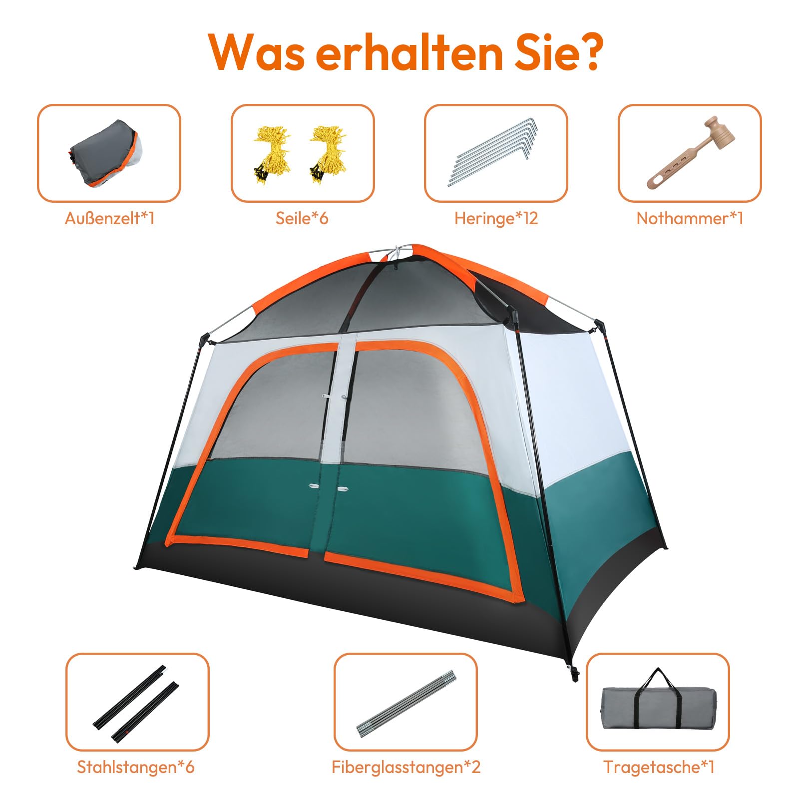 Treeboy Familienzelt 4 Personen PU3000mm Wasserdicht Glamping Zelt Hauszelt Quick-up Große inkl. abnehmbarem Dach & Tragetasche, Verdunkelungszelt mit Veranda für Camping Outdoor Reise Trekking