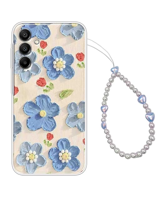 COBERTA Printed Back Cover for Samsung Galaxy M35 5G Back Cover Case with Phone Charm Chain Strap Beads & Pearls for Girls Stylish - Blue Trendy Floral Beach - D16687