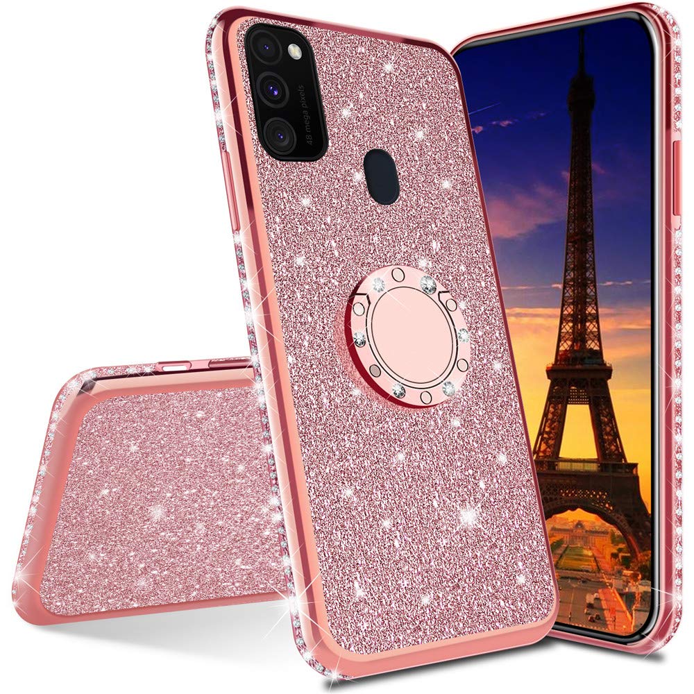 Asdsinfor Galaxy M31 Case Full Stylish Luxury Glitter with Diamond Silicon TPU Soft Cover with Ring Stand Holder Ultra-Thin Protection Case for Samsung Galaxy M31 Plating TPU Rose Gold KDL