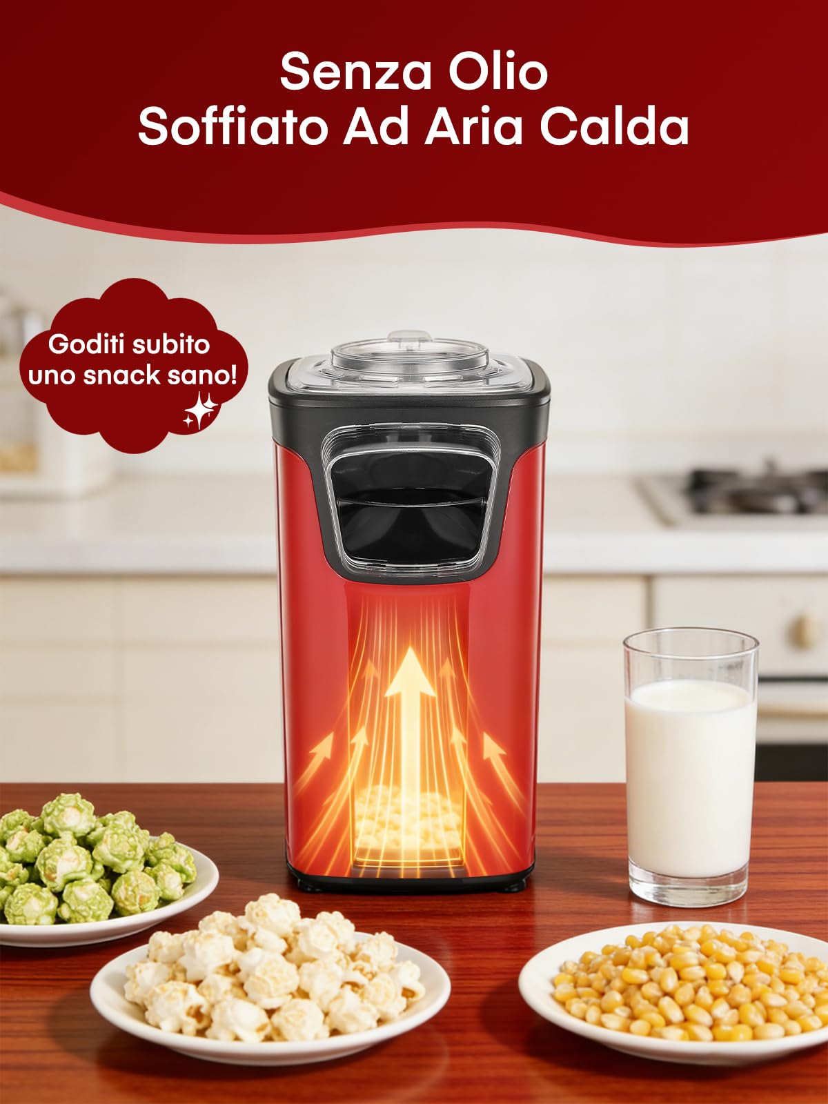 FOHERE Macchina Popcorn, 1100W Macchina per Pop Corn Dotato di Misurino e Coperchio Trasparente, Senza Grassi Né Oli, Gustoso e Salutare, Ideale per Serate Cinematografiche e il Natale