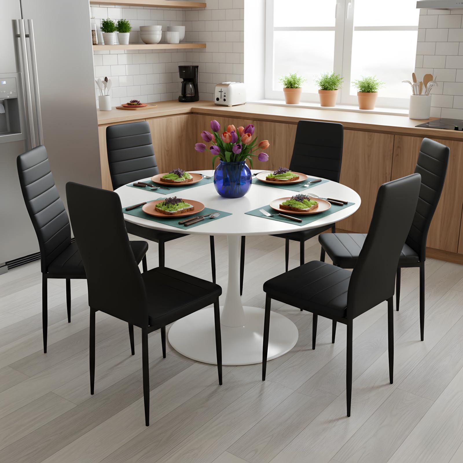 Ensemble Table a Manger Ronde 110 cm avec 6 Chaises, Ensemble Table et Chaises Salle a Manger en Similicuir Noir, pour Cuisine Salle à Manger Salon Bureau et Restaurant (Blanc + Noir)
