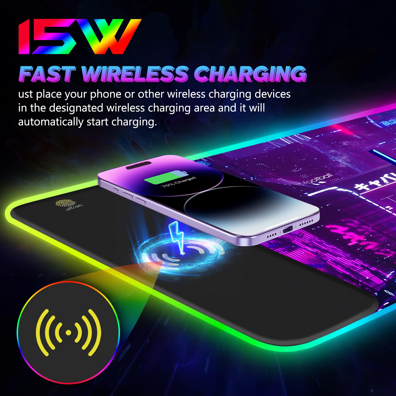 Tappetino per mouse RGB con ricarica wireless da 15 W, viola Anime Neon Extended Large LED Gaming Mouse Pad Base in gomma antiscivolo, 10 modalità di illuminazione, tappetino da scrivania per