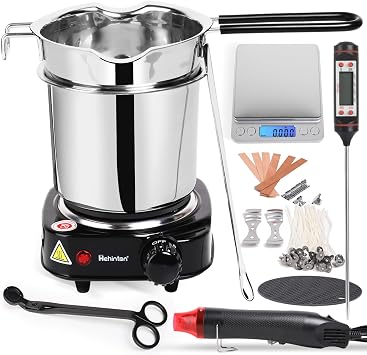 Hehinton Double Boiler Wax Melter Pot، Professional Water التدفئة لأواني صنع الشموع ، طقم صنع الشموع للمبتدئين ، طقم DIY مع مقياس إلكتروني ، مسدس حراري ، ميزان حرارة ، ماكينة تشذيب
