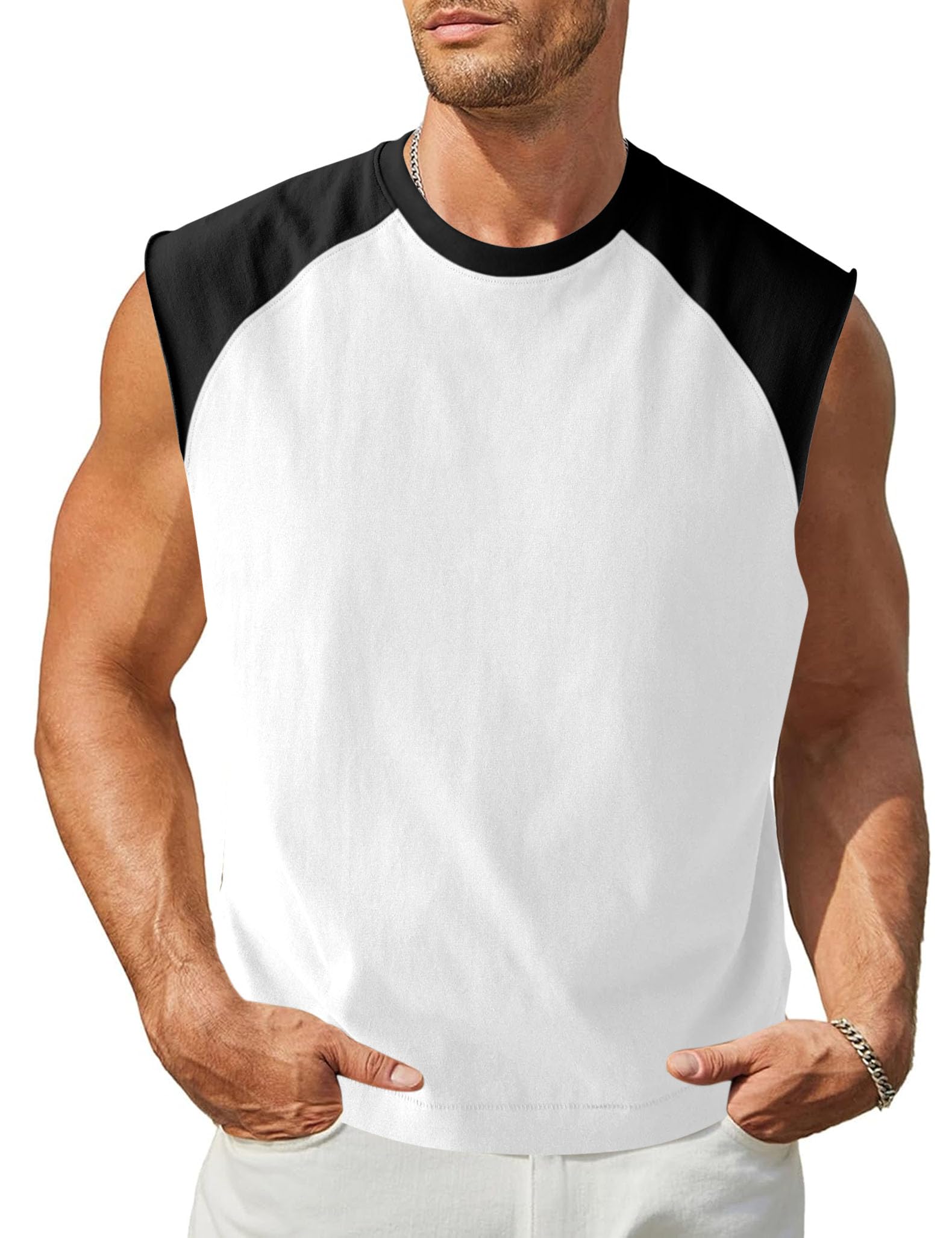 Men's Casual Raglan Sleeves Tank Tops Sleeveless Crew Neck T Shirts Color Block Tees