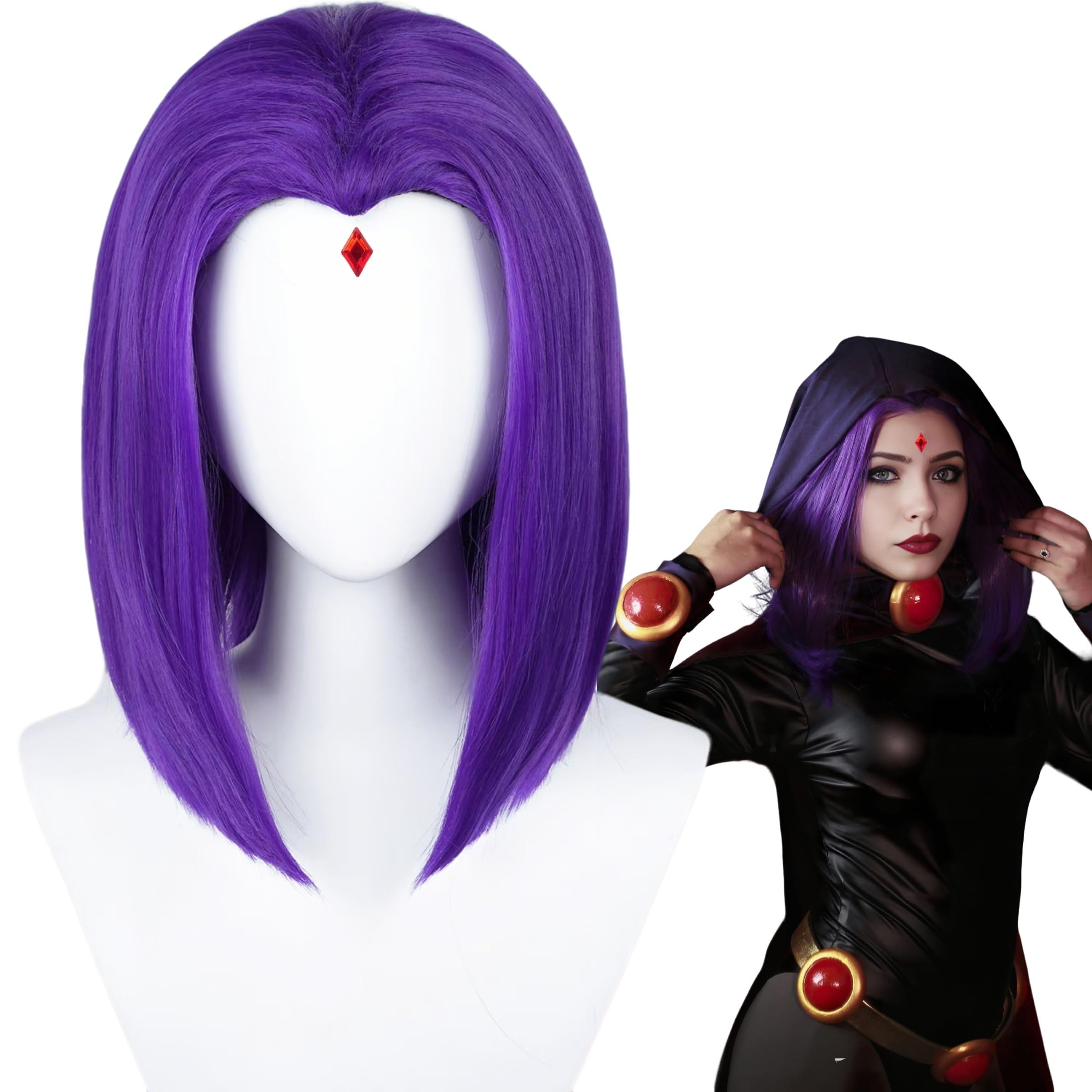 Short Straight Purple Anime Cosplay Wig 14'' Dark Purple Bob Wig + Red Gem | Deep Purple Synthetic Hair Wigs for Women Halloween Costumes Party