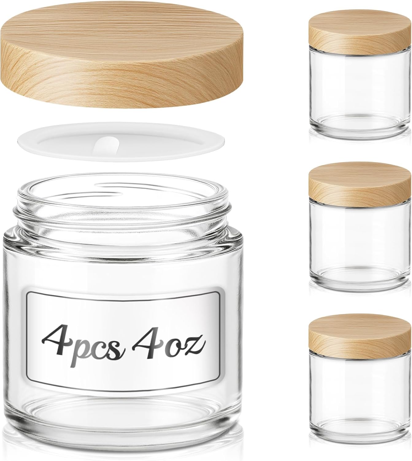 4 oz Small Glass Jars with Lids, Bumobum Clear Cosmetic Jars with Plastic Woodgrain Lids, 120ml Refillable Empty Containers for Cream, Salve, Powders and Lotion Storage, 4 Pack