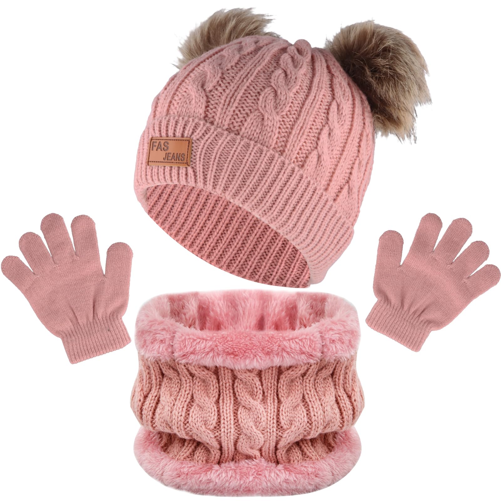 volumoon Zestaw 3 czapek, szalików, rękawiczek dla dzieci, czapka beanie, okrągły szal z polarową podszewką, zestaw ciepły, zimowy zestaw dzianin, czapka szalik i rękawiczki dla chłopców, dziewcząt w