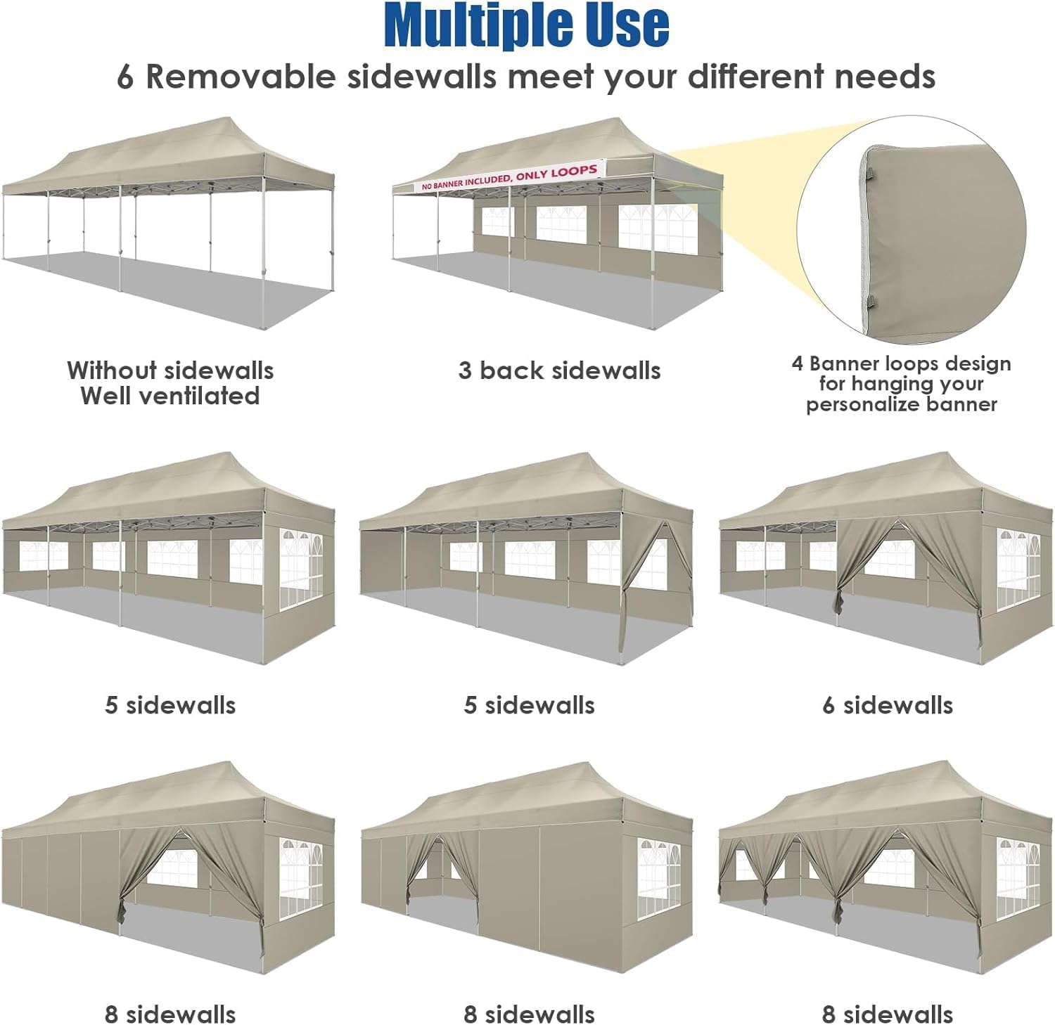 COBIZI 10x30 Heavy Duty Pop up Canopy Tent for Parties with 8 Sidewalls(Hexagonal Frame), Easy Setup Outdoor Commercial Gazebo for Wedding Event, with Portable Bag & Sand Bags, Khaki