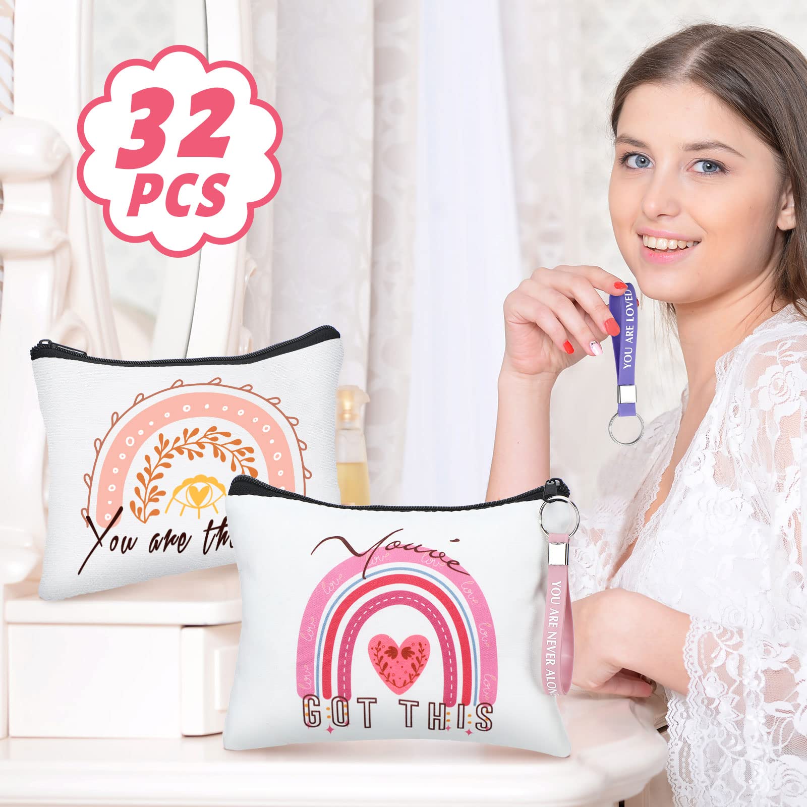Hillban 32 Pcs Canvas Cosmetic Bag Bulk with Inspirational Quote Keychains Women Canvas Makeup Bag Graduation Gift Travel Toiletry Coin Pouch for Graduation Mother's Day Birthday Party(Rainbow)