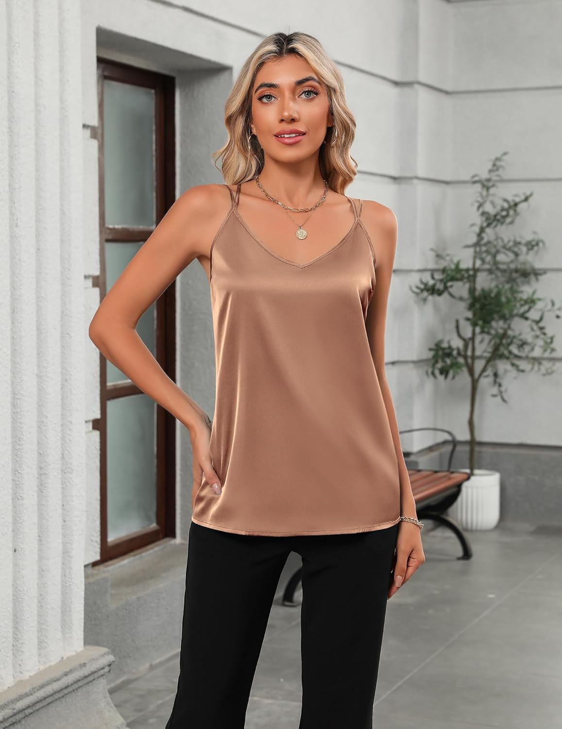 Zeagoo Silk Camisole Tops for Women 2026 V Neck Satin Tank Top Spaghetti Strap Cross Back Sleeveless Summer Blouses - Image 5