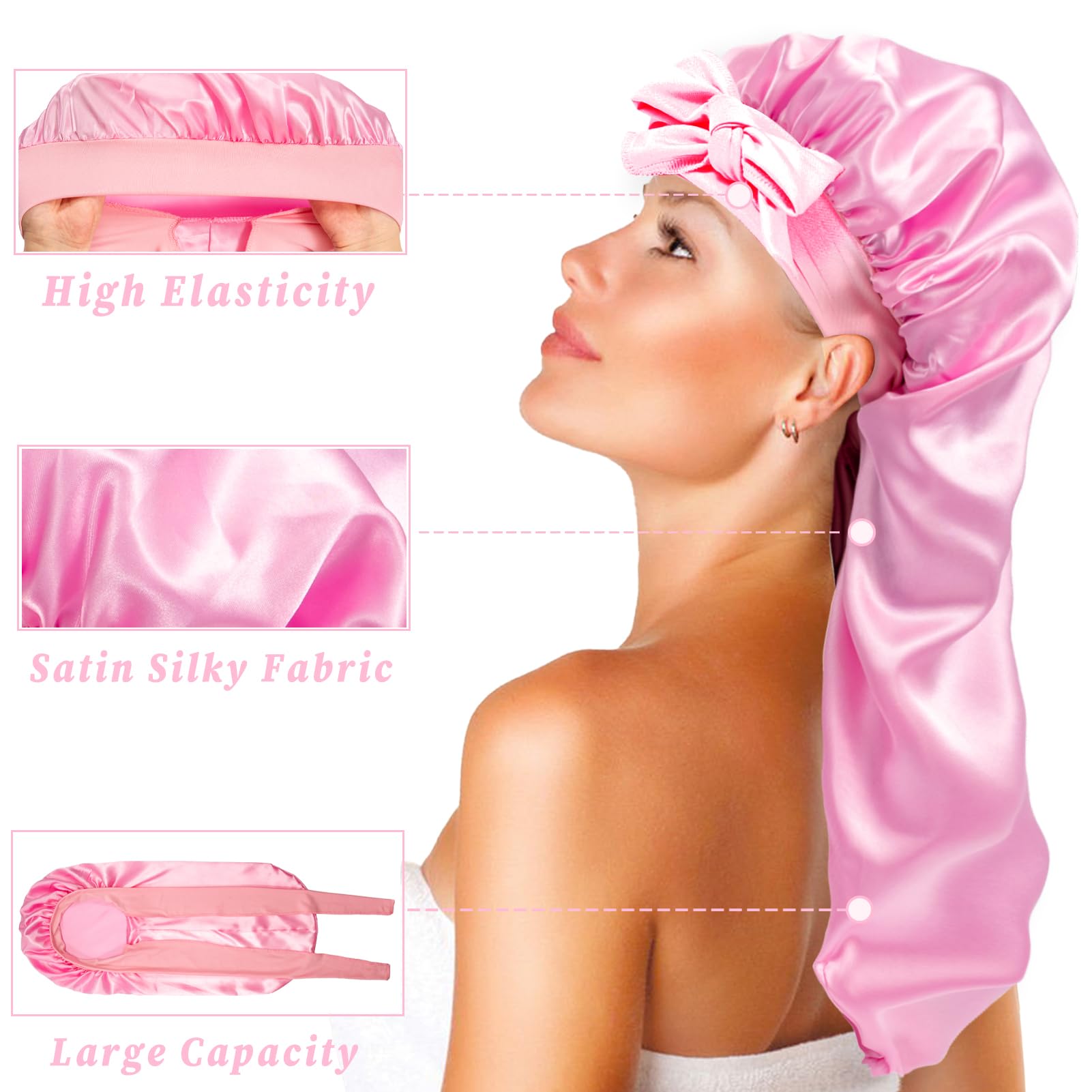 WOZUTUNT 2Pcs Bonnets for Black Women Braid Bonnet Large Long Satin Bonnet for Braids Sleeping(Black & Pink) - Image 3