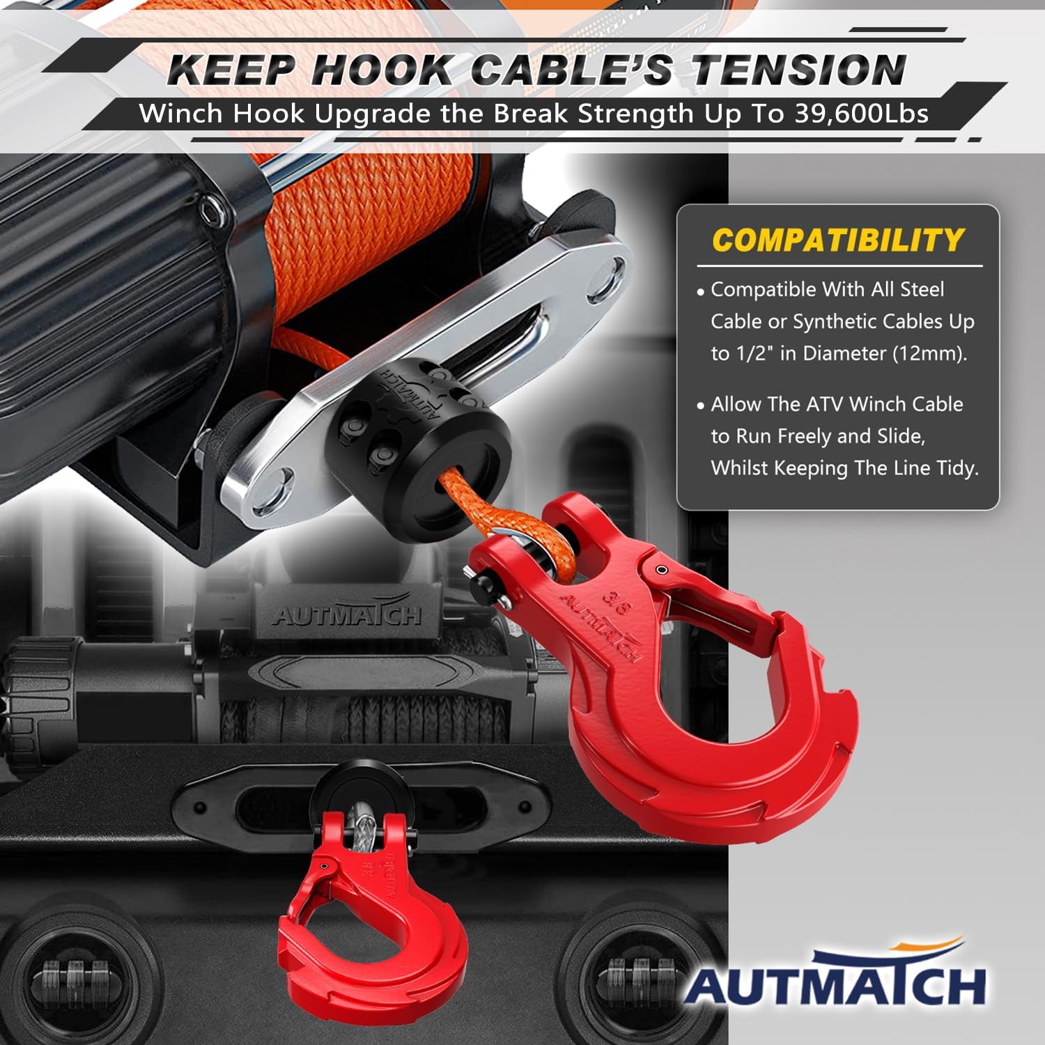 AUTMATCH Winch Hook 3/8" - Clevis Slip Hook with Safety Latch & Winch Cable Hook Stopper, Grade 70 Forged Steel Max 18Ton (39,600Lbs) Work for Winch Rope, ATV, UTV, Off Road Vehicle, Red & Black - Image 8