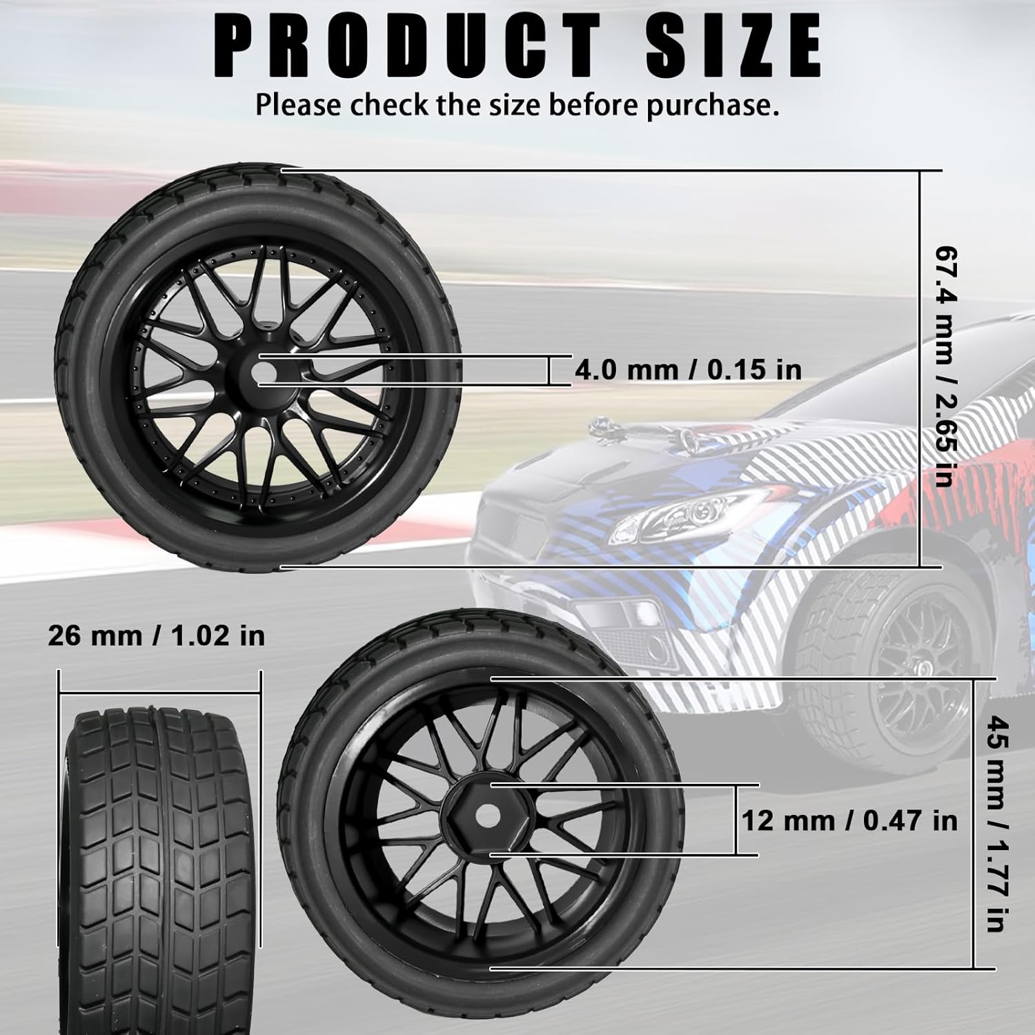 OD 2.65" On Road Rubber Tires Plastic Wheel Rims 12mm Hex Hub Compatible with MJX HSP Tamiya HPI Kyosho Traxxas Sakura Redcat WLtoys 1/10 RC On-Road Racing Touring Car (Black)