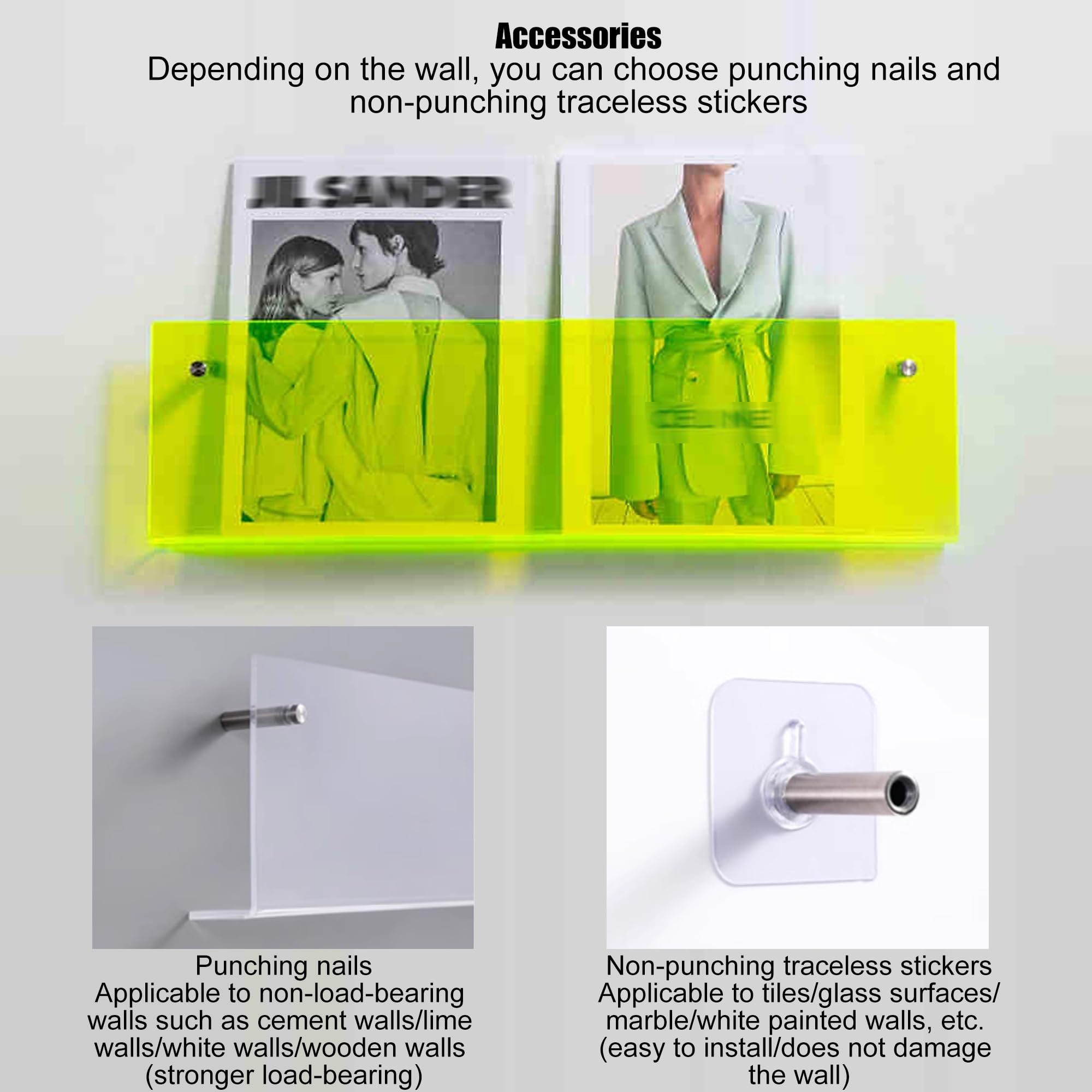 Supporto da parete in acrilico trasparente per riviste e dischi in vinile, elegante libreria da appendere per ufficio, caffetteria, sala d'attesa e casa (fluorescente, 120 x 15 x 5 cm)