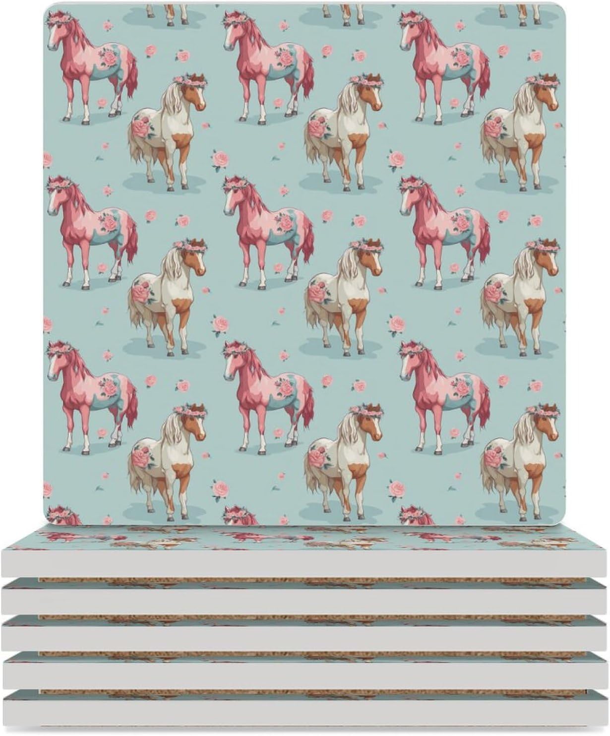 Horse Farmhouse Coaster for Drinks Square Ceramic Table Coasters Stone Mat Crafts 6PCS Home Kitchen Decor