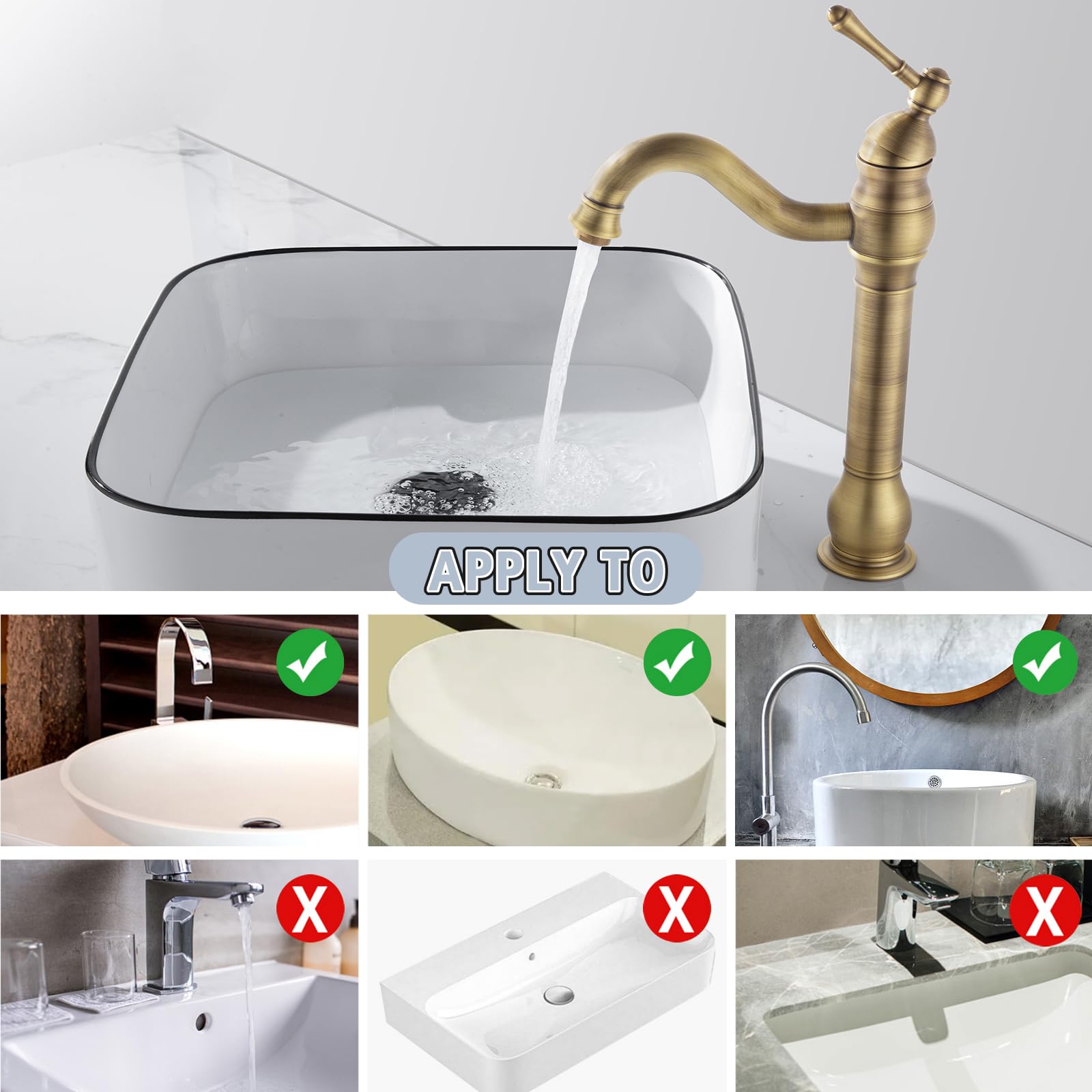 Robinet Salle de Bain Rétro Laiton Haut, Antique Mitigeur Lavabo Vasque avec bec Hauteur 230 mm, Pivotant à 360°Mitigeur Vasque Salle de Bain, Robinet Lave Main Chaude et Froide, G3/8
