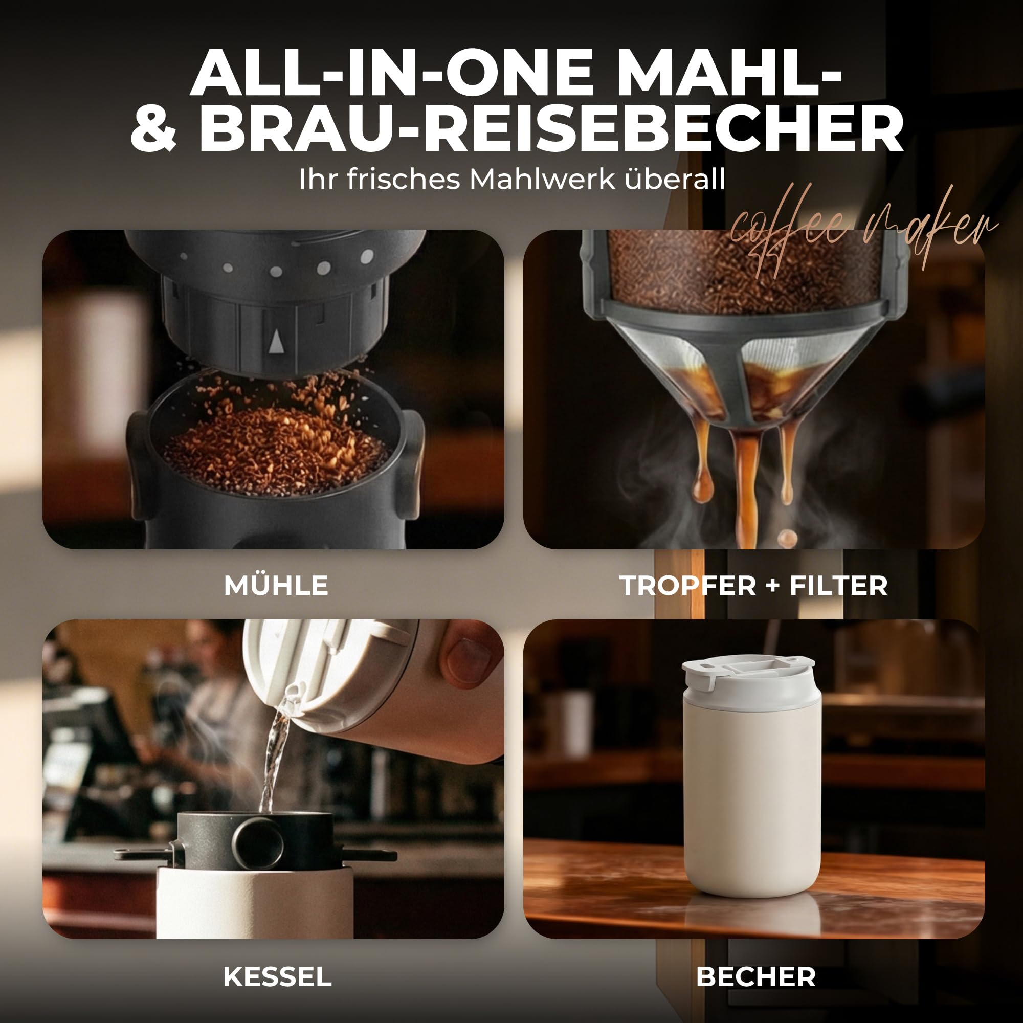 HAUSHOF Tragbares Kegelmahlwerk, Kabellose Elektrische Kaffeemühle | mit Integrierter Infusion, Doppelt Öffnendem Deckel, Edelstahlfilter und Thermobecher für Reisen und Camping, Weiß