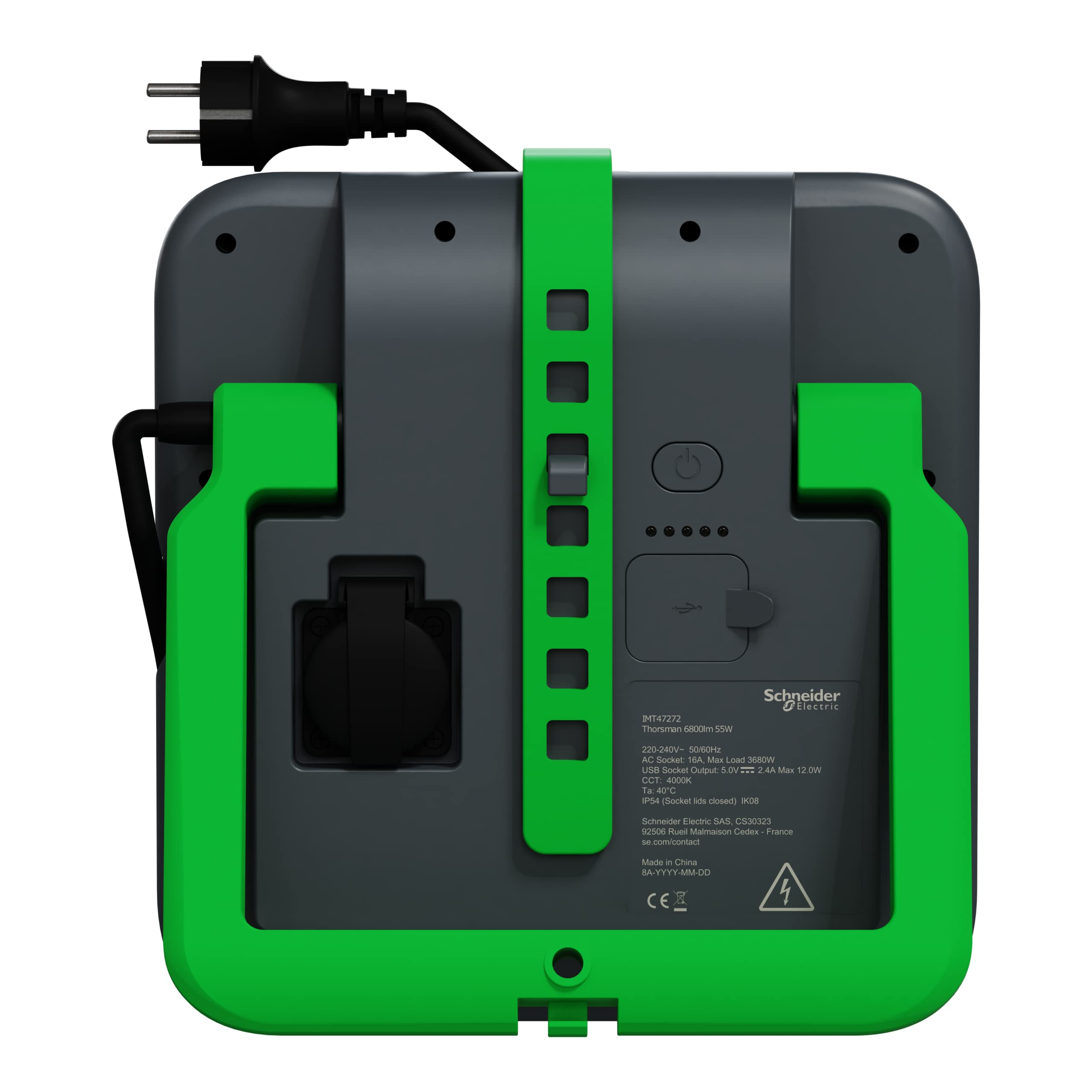 Foco LED de construcción, 50 W, 6800 lm, 4000 K, IP54, resistente al agua, enchufe + USB A+C 2,4 A regulable, lámpara de trabajo LED superbrillante, adecuada para camping, trabajo, garajes | IK08 - Lámpara de trabajo con enchufe y enchufe USB tipo A+C, re