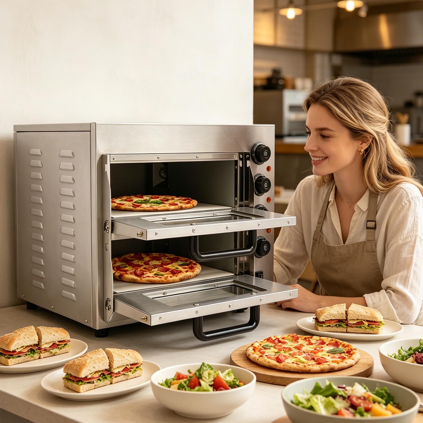 Forno elettrico a doppio piano, 3000 W, 50-350 °C, regolazione precisa della temperatura, funzione timer da 1 a 60 minuti, 20 l, in acciaio inox 201, con finestra resistente al calore, per ristoranti