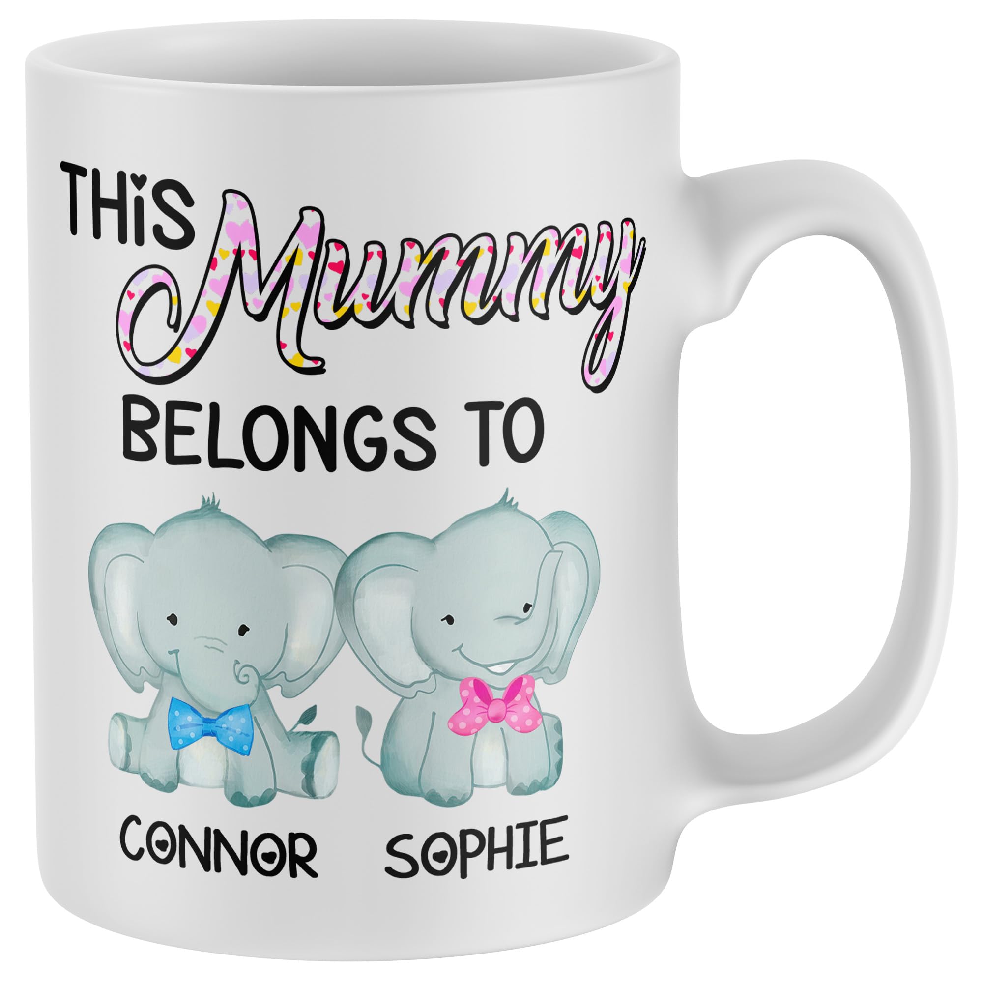 Purple Print House Personalised This Mummy Belongs Too Mug Baby Elephants Custom Names Mothers Day Mum Cup