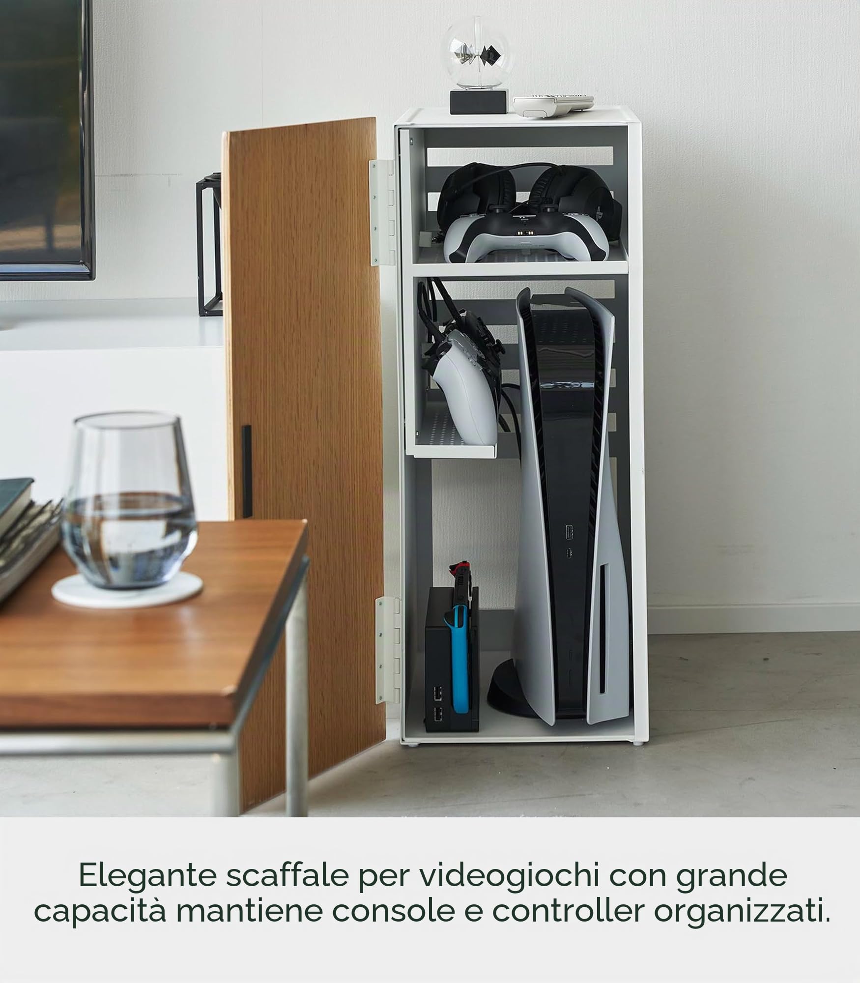 YAMAZAKI 2109 TOWER Game Console Organizer, white, Steel/Wood/Magnet/Silicone, 24.7 x 36.5 x 60.3 cm