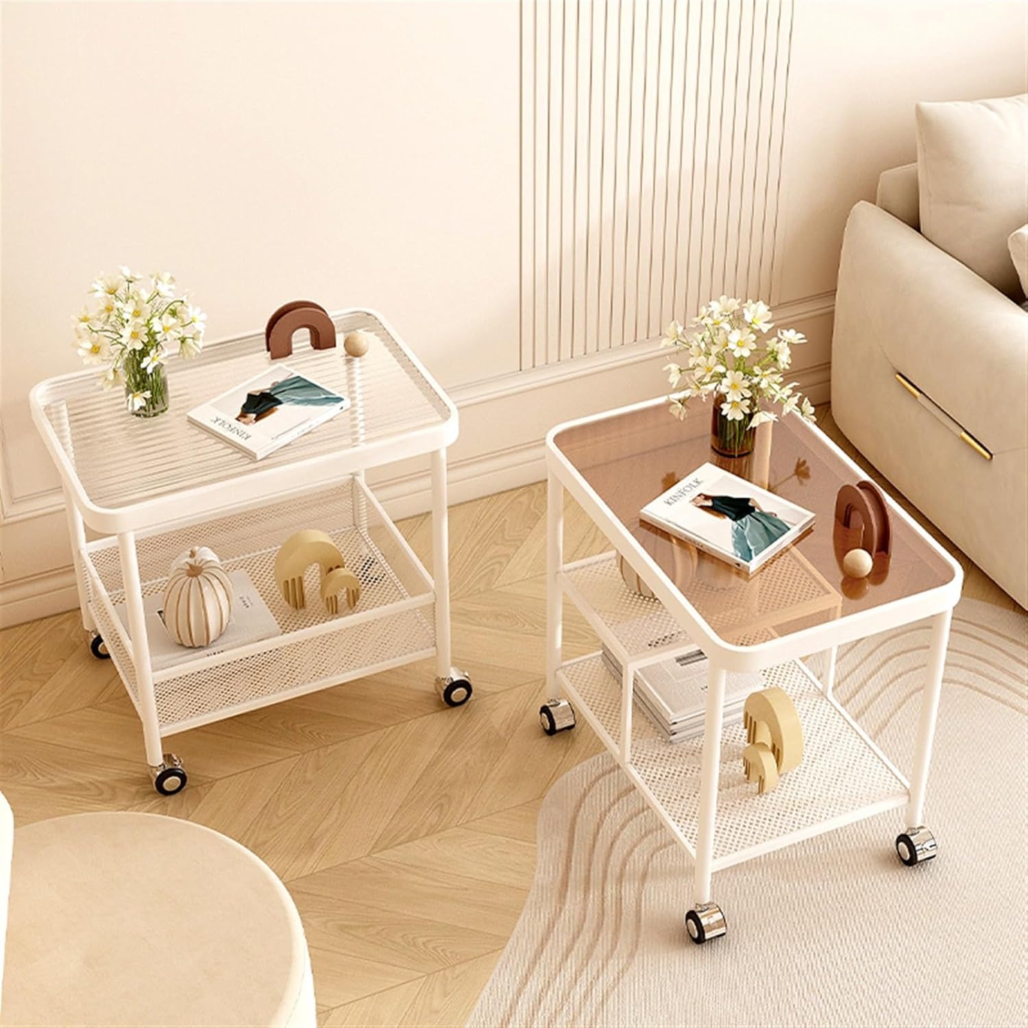 Storage Trolley Mobile Side Table, Double Layer Storage Rack with Wheels, Glass Snack, Floor Trolley, Kitchen Shelving Organizer(White)