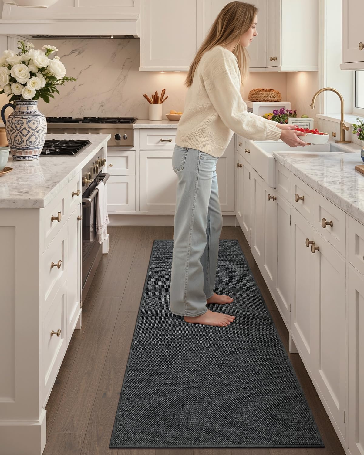 COLOR&GEOMETRY Tapis de Cuisine Antidérapant Lavable 43x120cm+43x240cm, 4mm Mince Tissé Tapis de Cuisine Runner, Absorbent Facile à Nettoyer Tapis de Sol pour Devant l'évier, Couloir, Gris
