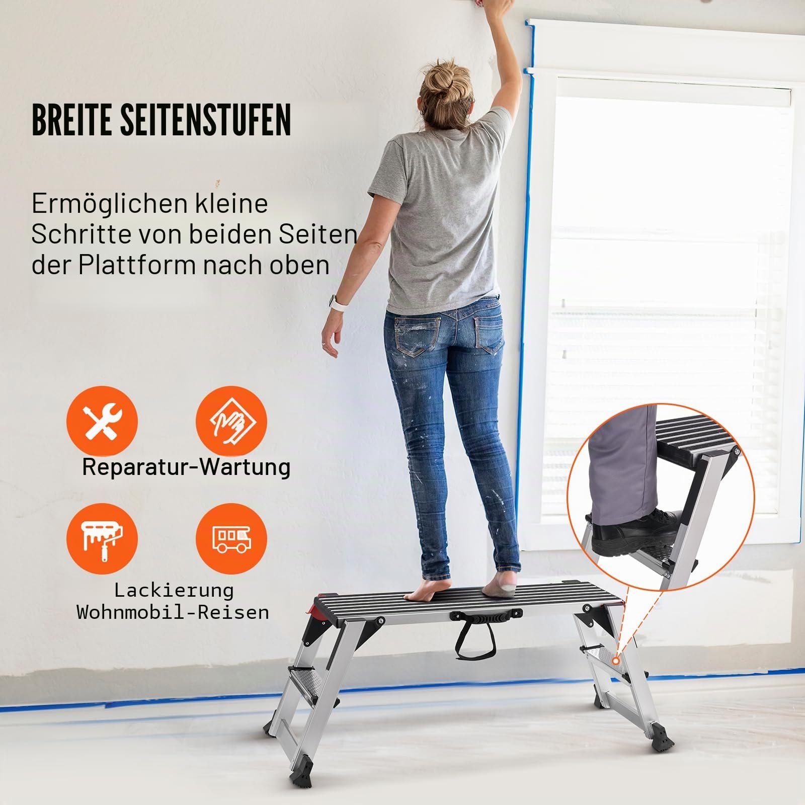 VEVOR Alu Arbeitsplattform Klappwerkbank 100x30x48,7cm Arbeitsbühne 200kg Tragfähigkeit Trittbank mit Sicherheitsschlössern Trittleiter für Zuhause Büro Werkstatt & Garage Silber