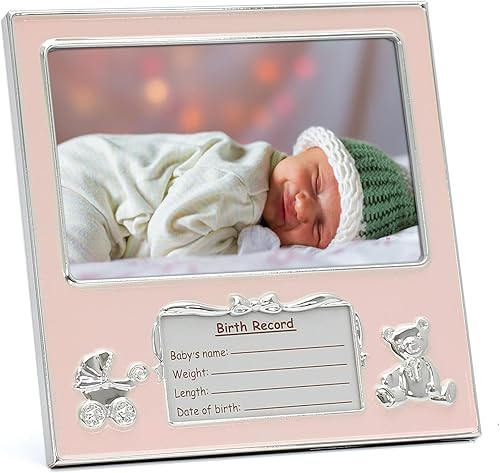 Miniatura 2 de MIMOSA MOMENTS Bear and Pram - Marco de fotos de metal plateado para bebé niña con etiqueta de detalles de nacimiento (4 x 6 horizontal, tono