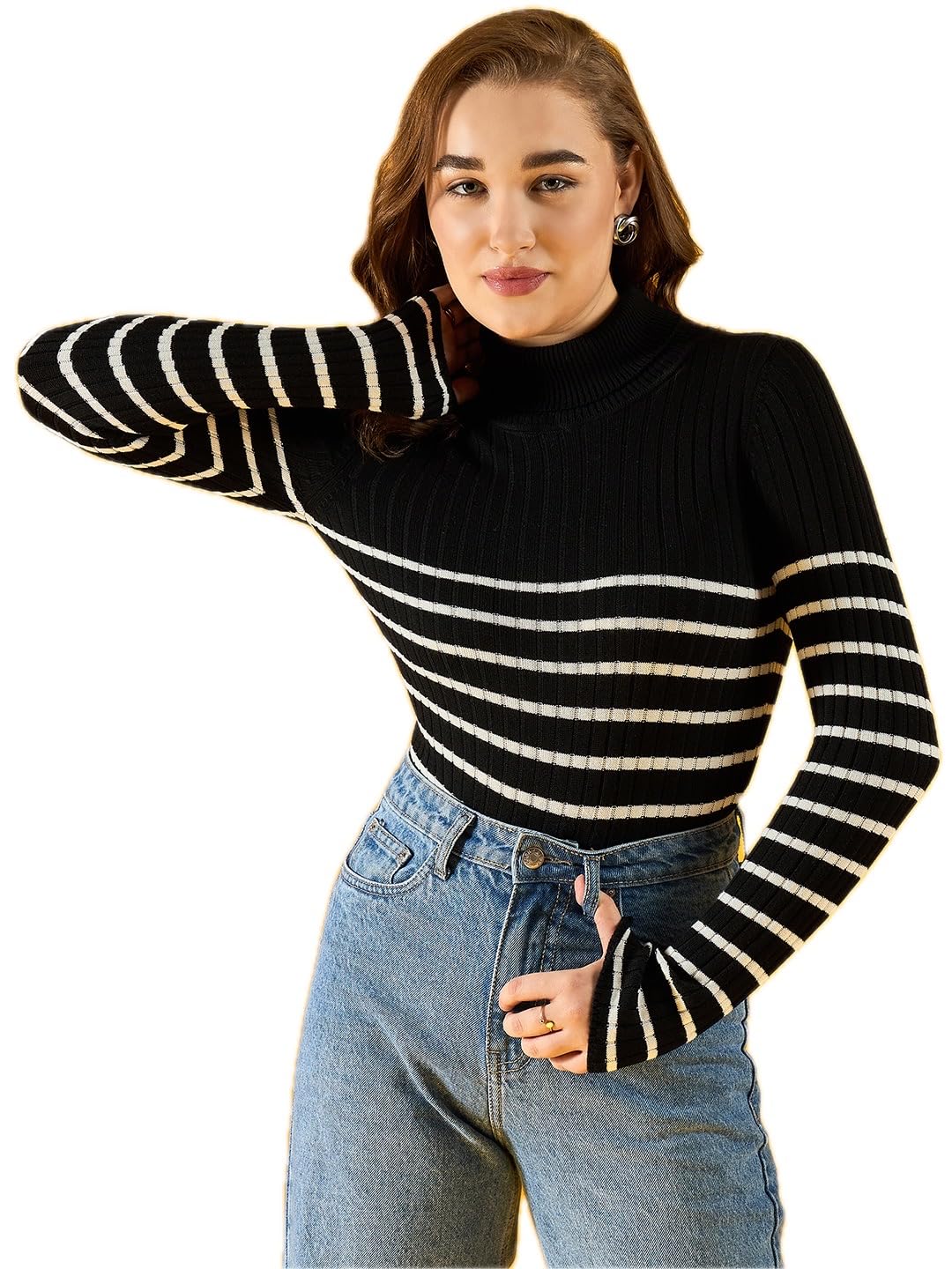 98 Degree Women Pure Cotton Turtle Neck Sweater Has A Full Sleeve & Straight Hem-AW25AZG1157-BLACK-image-46