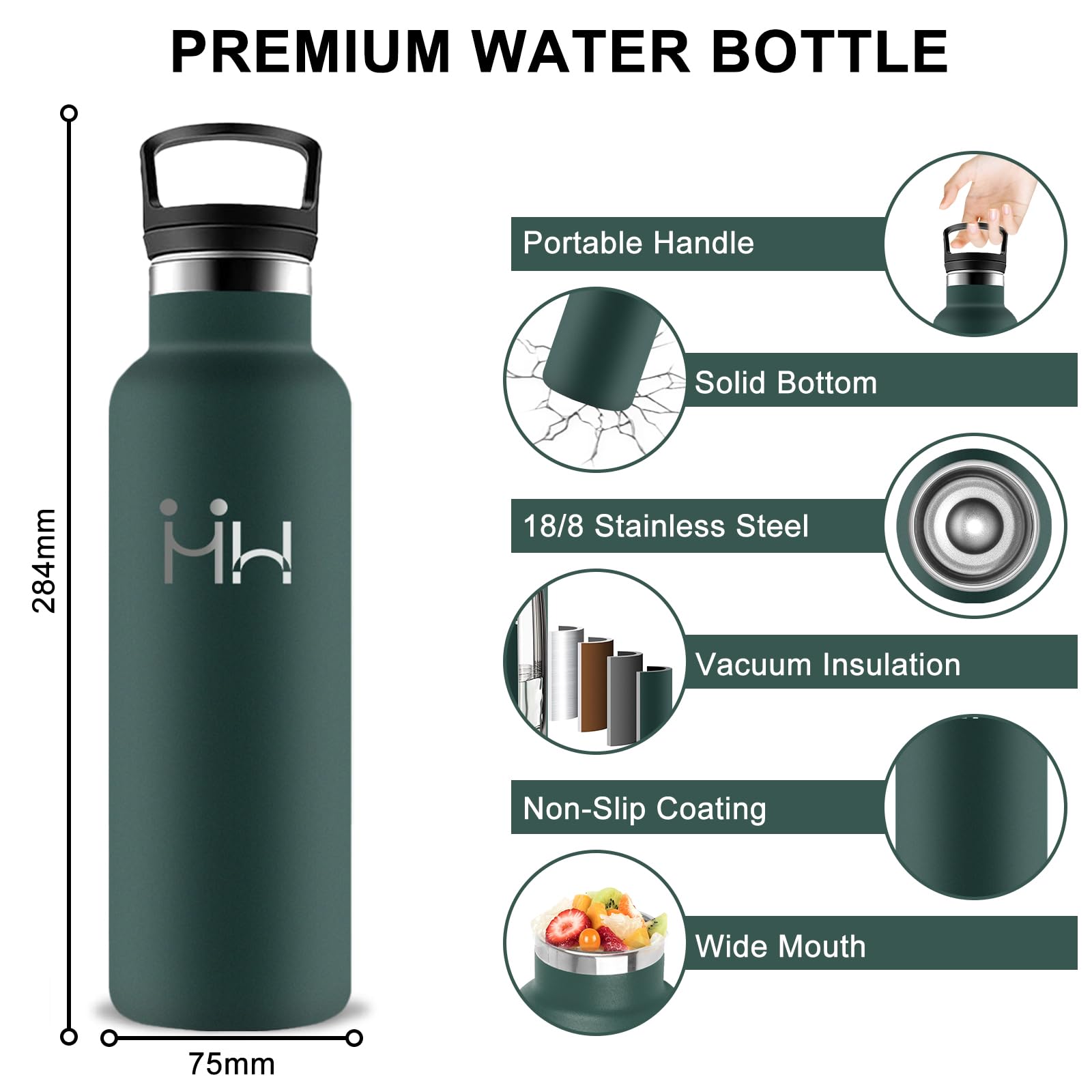 Borraccia Termica, 750ml Borraccia, Senza BPA, Borraccie con Cannuccia, Senza Perdite, Bottiglia Termica, Borraccie Acciaio Inox, Doble Aislamiento, per Trekking, Campeggio, Corsa, Palestra, Verde