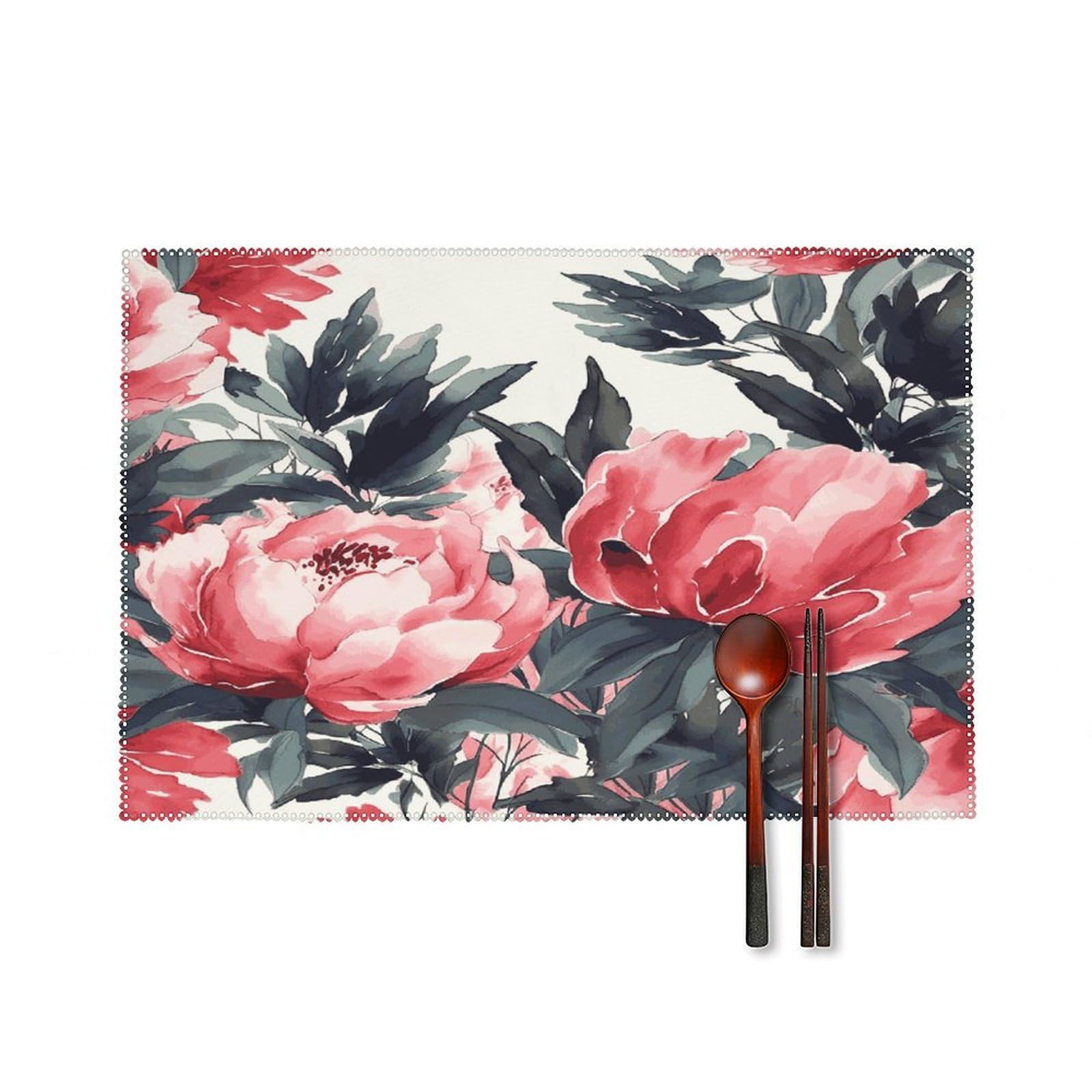 Peonies Spring Placemats Set of 4 Canvas Place Mats Non-Slip Heat Resistant Table Mats Washable Waterproof Placemat Wipeable Tablemats for Kitchen Dining Decor Place Mat