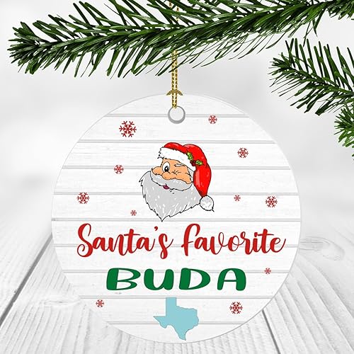 New Home Ornaments for Christmas Tree with Name City State Buda Texas Ornament - Santa's Favorite Buda TX Ornament - Housewarming Ornament 3 Inches