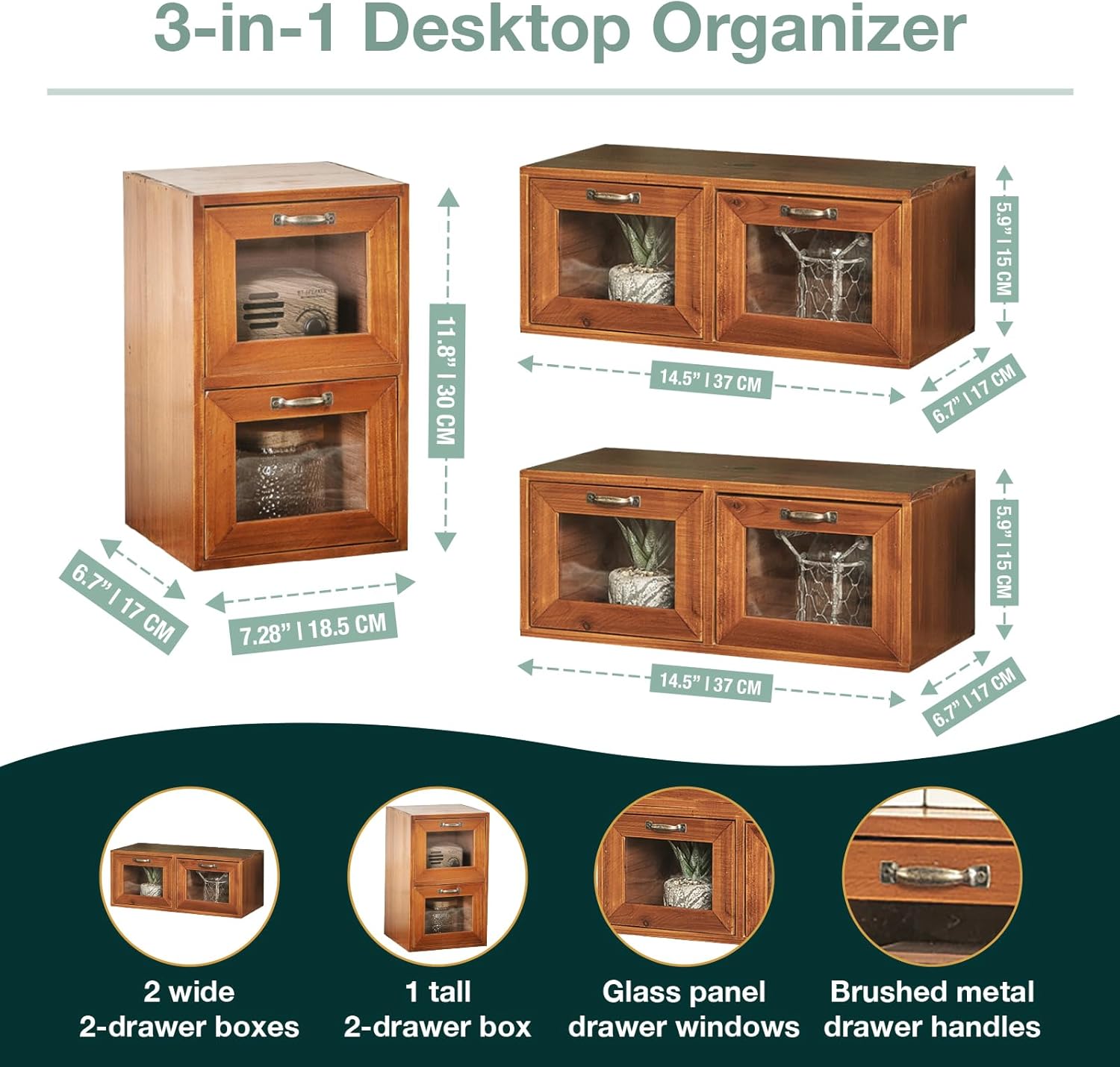 Modular Stackable Set of 3 Desktop Drawers Display Organizer - 6-Drawer Wood Organizer for Desk - Vintage Countertop with Clear Doors - Organizer Box for Card Catalog, Collectibles Storage