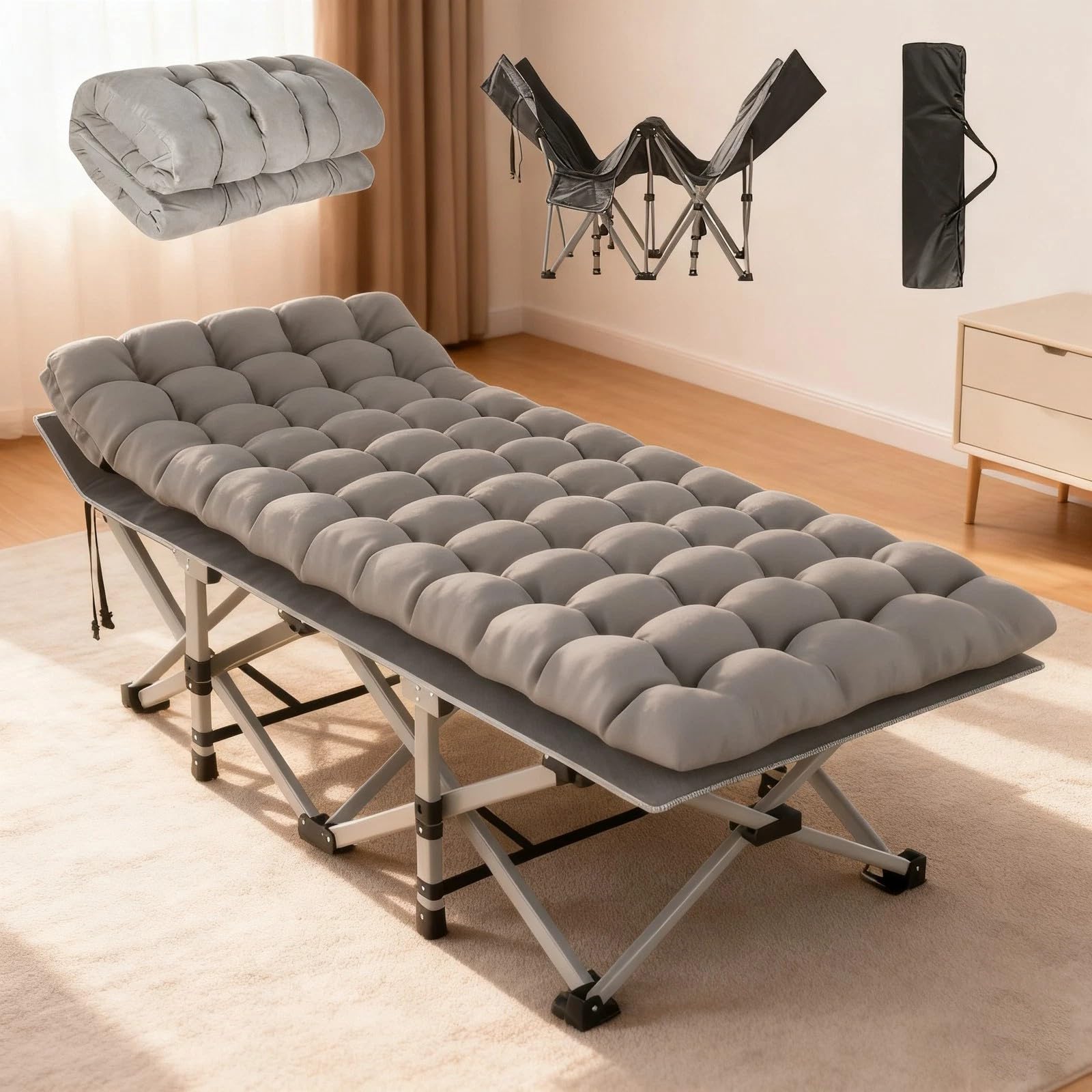 Camping Cot with Thick Pad, Folding Camping Cot Oversize Cots for Sleeping Camping Bed Folding Cot for Camping W/Pilllow Mattress for Home Office Nap Beach Travel, cot with Carry Bag, 190*68CM