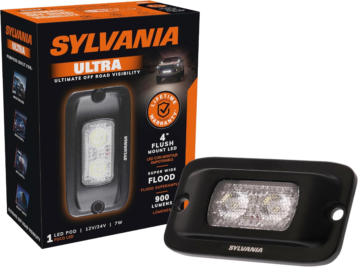 SYLVANIA - Flush Mount 4 Inch LED Light Pod - Lifetime Limited Warranty - Wide Flood Light 900 Raw Lumens, Off Road Driving Work Light, Truck, Car, Boat, ATV, UTV, SUV (1 PC)