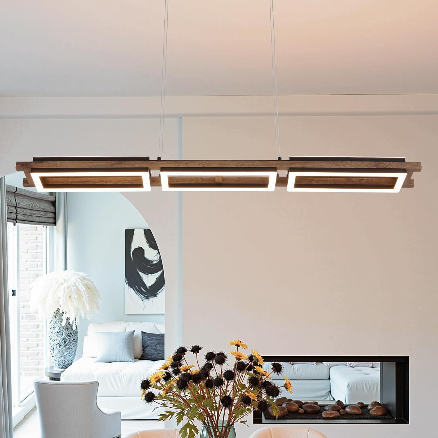 47" LED Wooden Rectangle Chandelier for Dining Room, Mid-Century Modern Dimmable Hanging Light with 59" Adjustable Wires, Wood Grain Finish Ceiling Fixture L47"