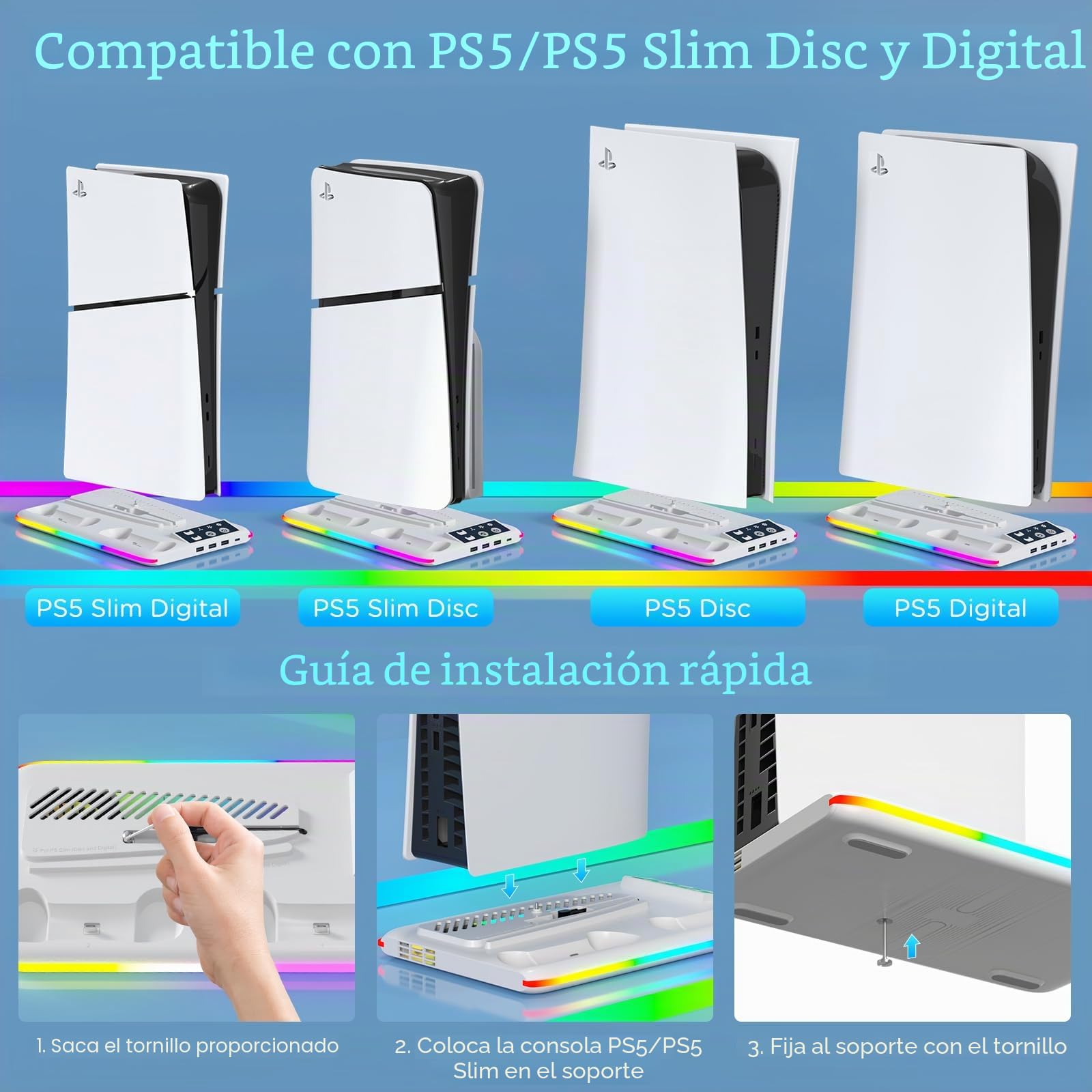 Soporte para PS5, Soporte de Refrigeración para PS5/PS5 Slim/PS5 Pro Soporte Vertical P5/P5 Slim/P5 Pro con Estación de Carga de Dual Dontrolador 3 Puertos USB(Disco y Digital)(Blanco)